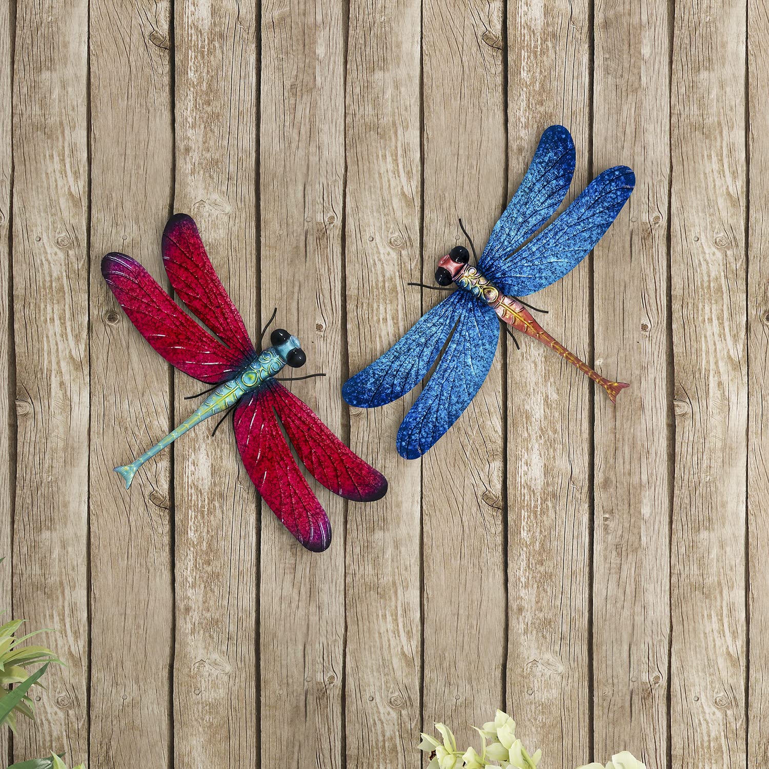 17.5 Inch Metal Dragonfly Garden Decor - Outdoor Hanging Wall Art Sculpture for Home, Yard & Patio (2 Pack) - Perfect for Garden Accents, Backyard Decorations & Outdoor Living Spaces