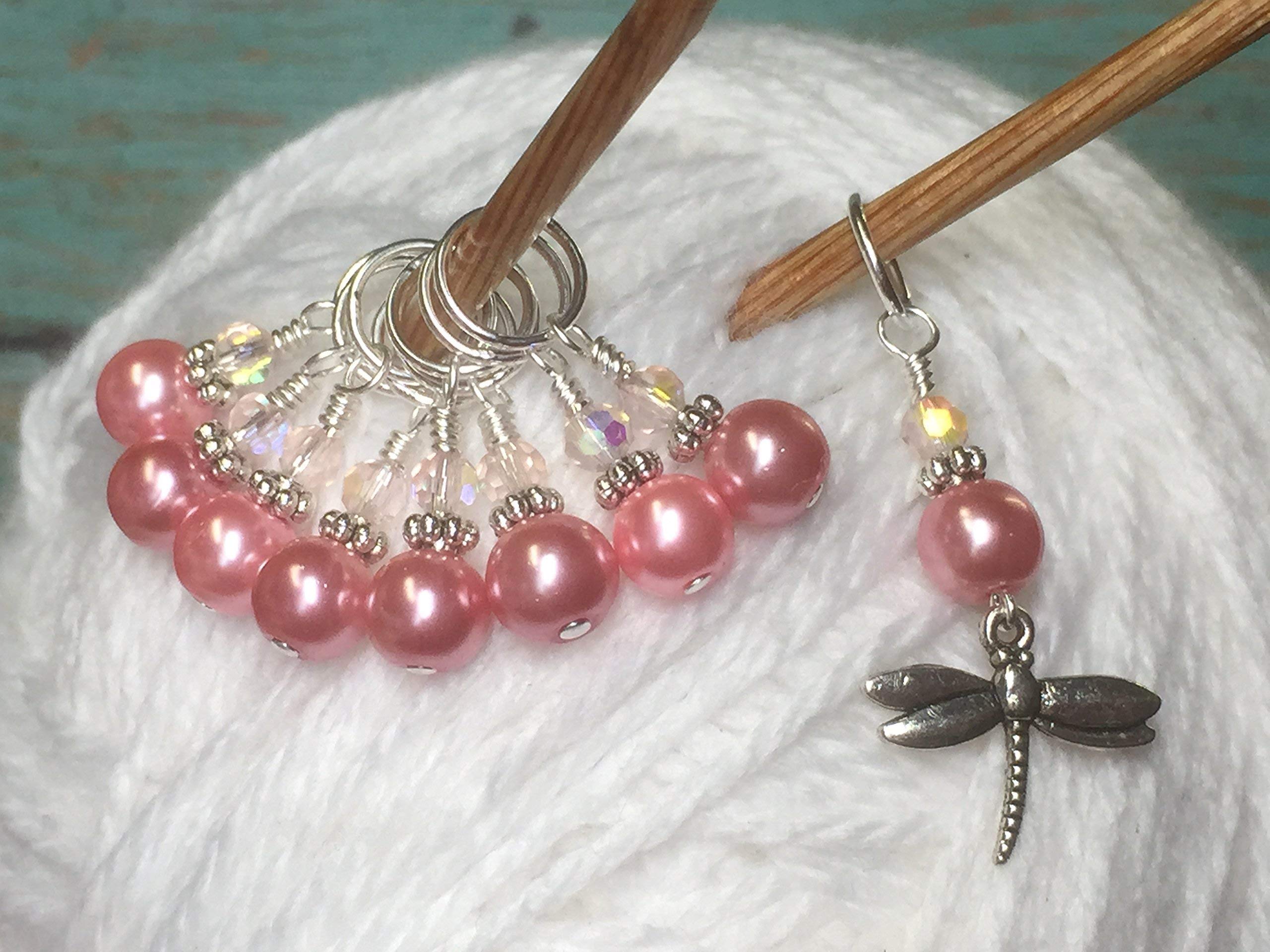 Pink Dragonfly Knitting Stitch Markers - Handmade Jewelry for Crochet & Knitting Projects - Perfect for DIY Crafters and Knitters (Set of 10)