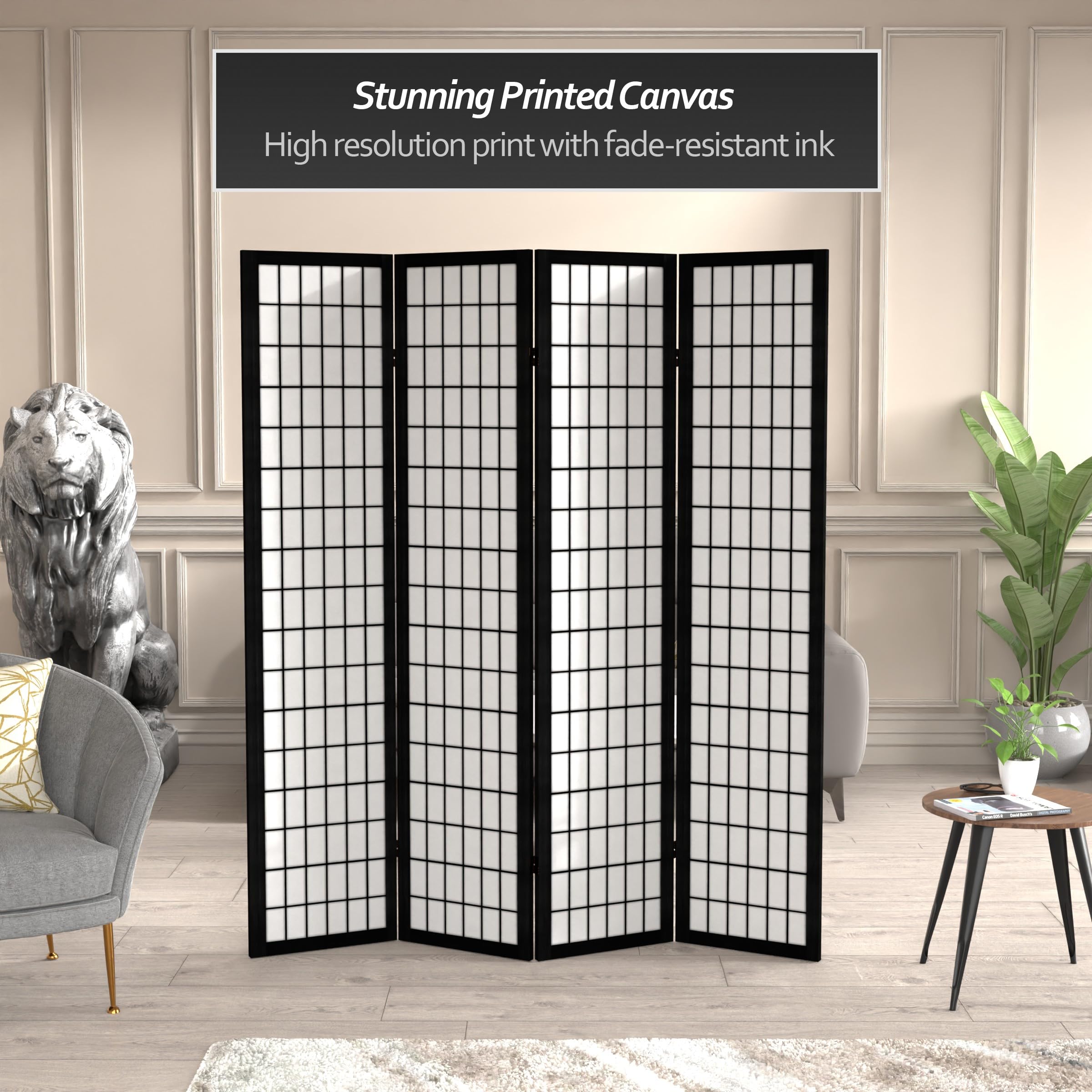6 ft Tall Red Lantern Canvas Window Pane Black Room Divider - 4 Panel Folding Privacy Screen for Living Room, Bedroom, Office & Event Decor