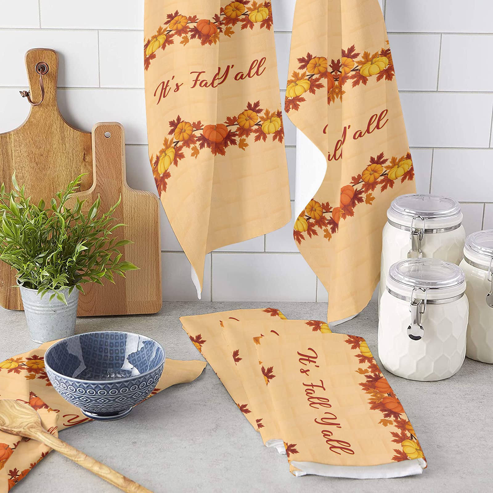 Premium Microfiber Kitchen Towels Set of 4 - Super Absorbent & Reusable Dish Towels, Tea Towels & Bar Towels (18x28 Inch) - Thanksgiving Fall Decor with Retro Maple Leaf & Pumpkin Design - Perfect for Holiday Cooking, Dish Drying & Home Decor