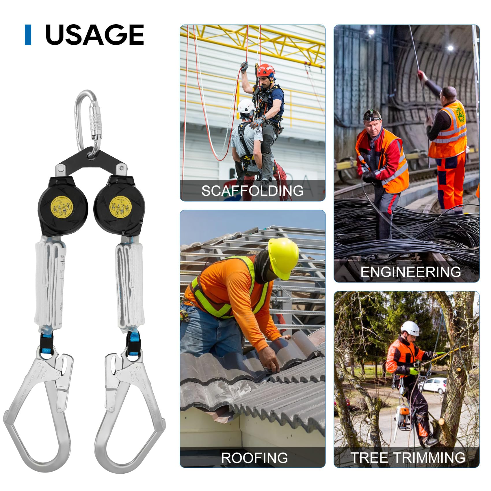 6 ft Dual Leg Self-Retracting Lifeline Web Lanyard with Twin Big Rebar Hooks & Shock Absorbers - OSHA Compliant Fall Protection for Roofing, Construction & Industrial Work Safety