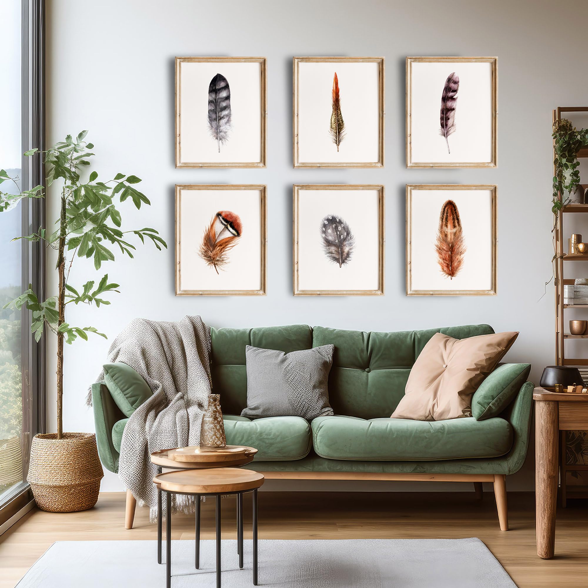 Feather Art Prints Set of 6 - 8x10 Inch Unframed Rustic Wall Decor - Nature Inspired Home Decor for Living Room, Bedroom & Office - Farmhouse Style Feather Painting for Boho, Modern & Country House Decor