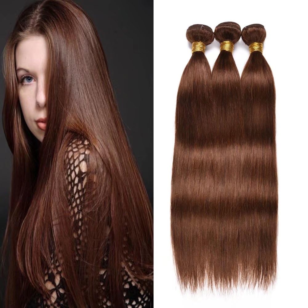 FEEL ME Brazilian Straight Hair Bundles - Color 4 Light Brown 100% Human Hair Weave - Soft Silky Unprocessed Virgin Hair - 3 Bundles (12 14 16 Inches) - Perfect for Sew-in Weaves, Clip-in Extensions & Natural Hairstyles