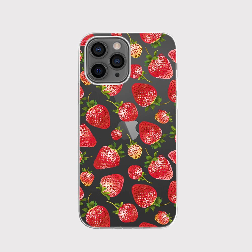 Blingy's Cute Strawberry Pattern iPhone 13 Pro Max Case (6.7 inch) - Transparent Soft TPU Protective Cover with Fun Fruits Design - Perfect for Daily Use, School & Work Accessories