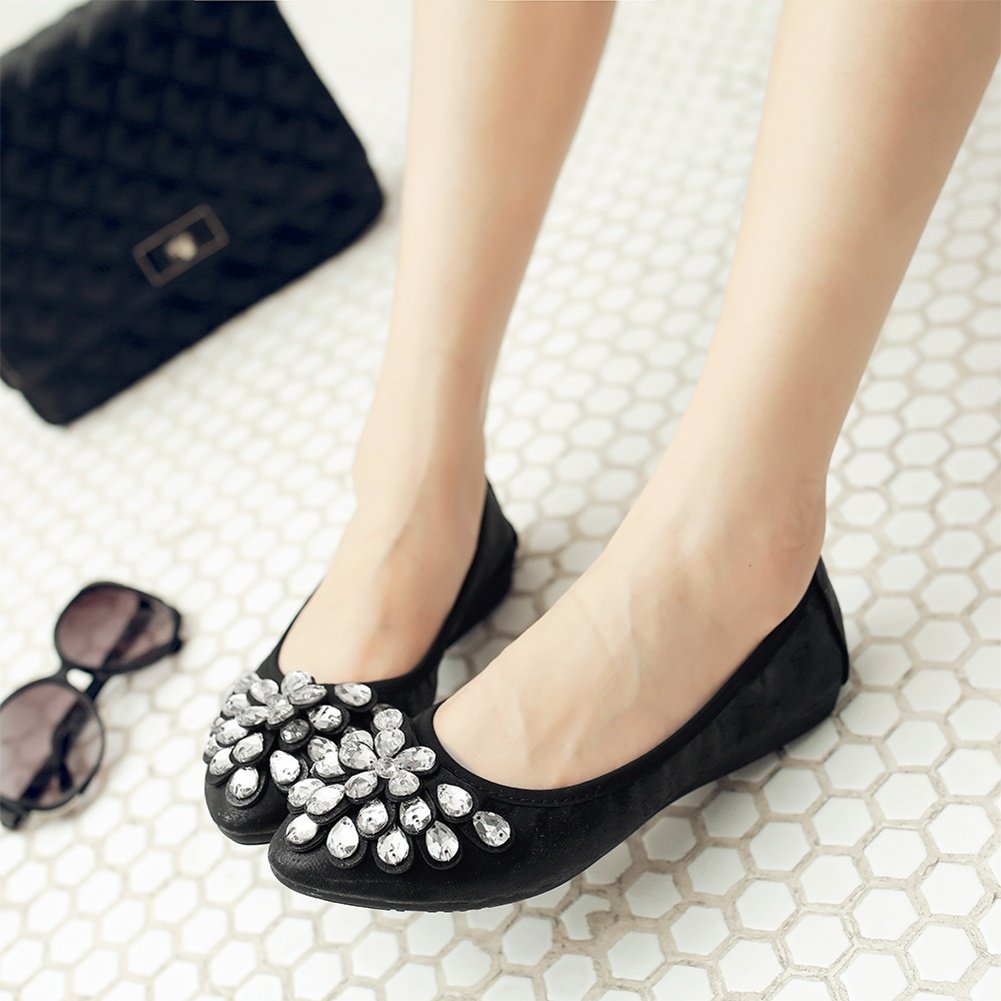 Meeshine Women's Foldable Soft Pointed Toe Ballet Flats - Rhinestone Decorated Comfortable Slip On Shoes for Work, Travel & Casual Wear