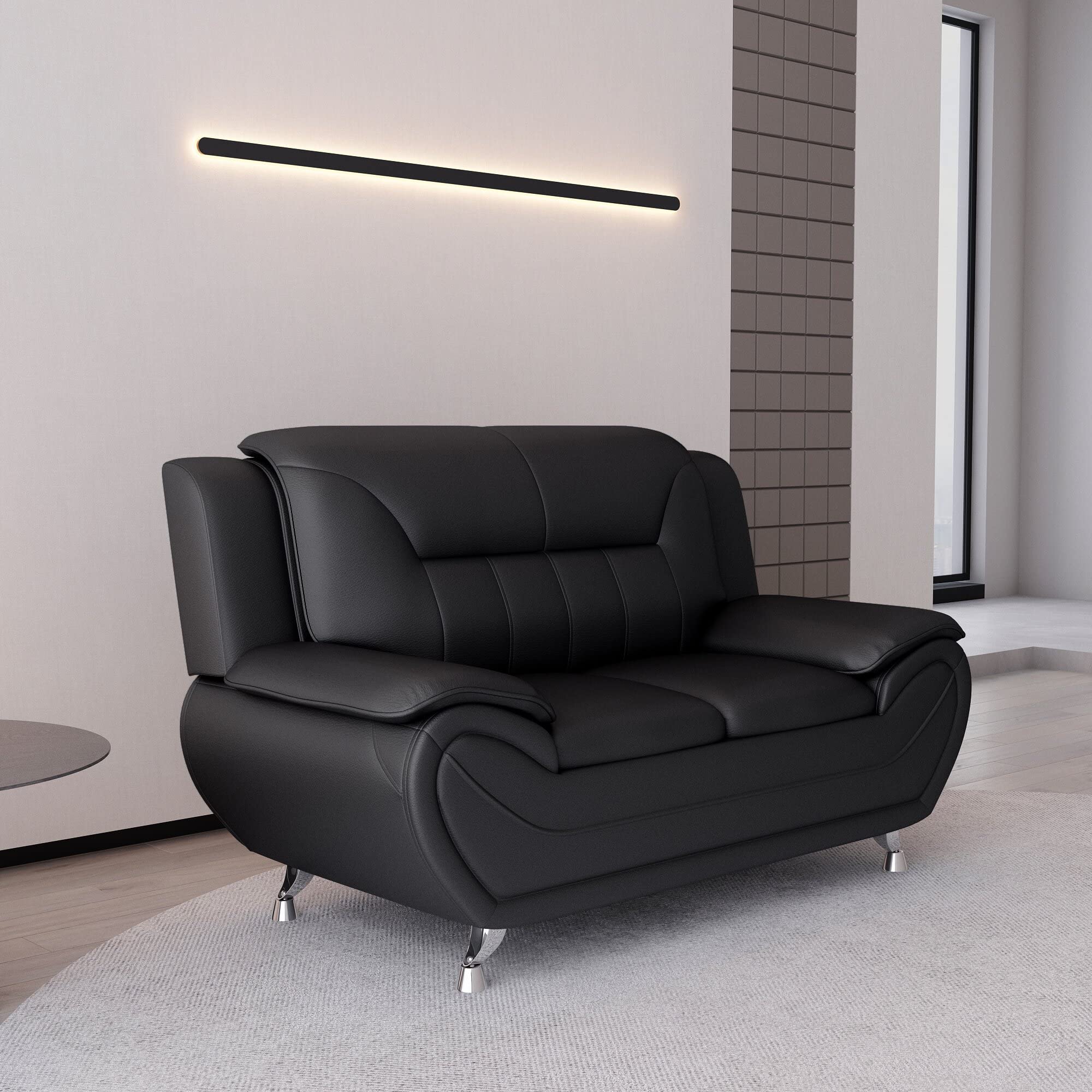 Michael Modern Faux Leather Upholstered Sofa with Stainless Steel Legs - Loveseat & Living Room Couch in Midnight Black | Perfect for Small Spaces, Apartments & Contemporary Home Decor
