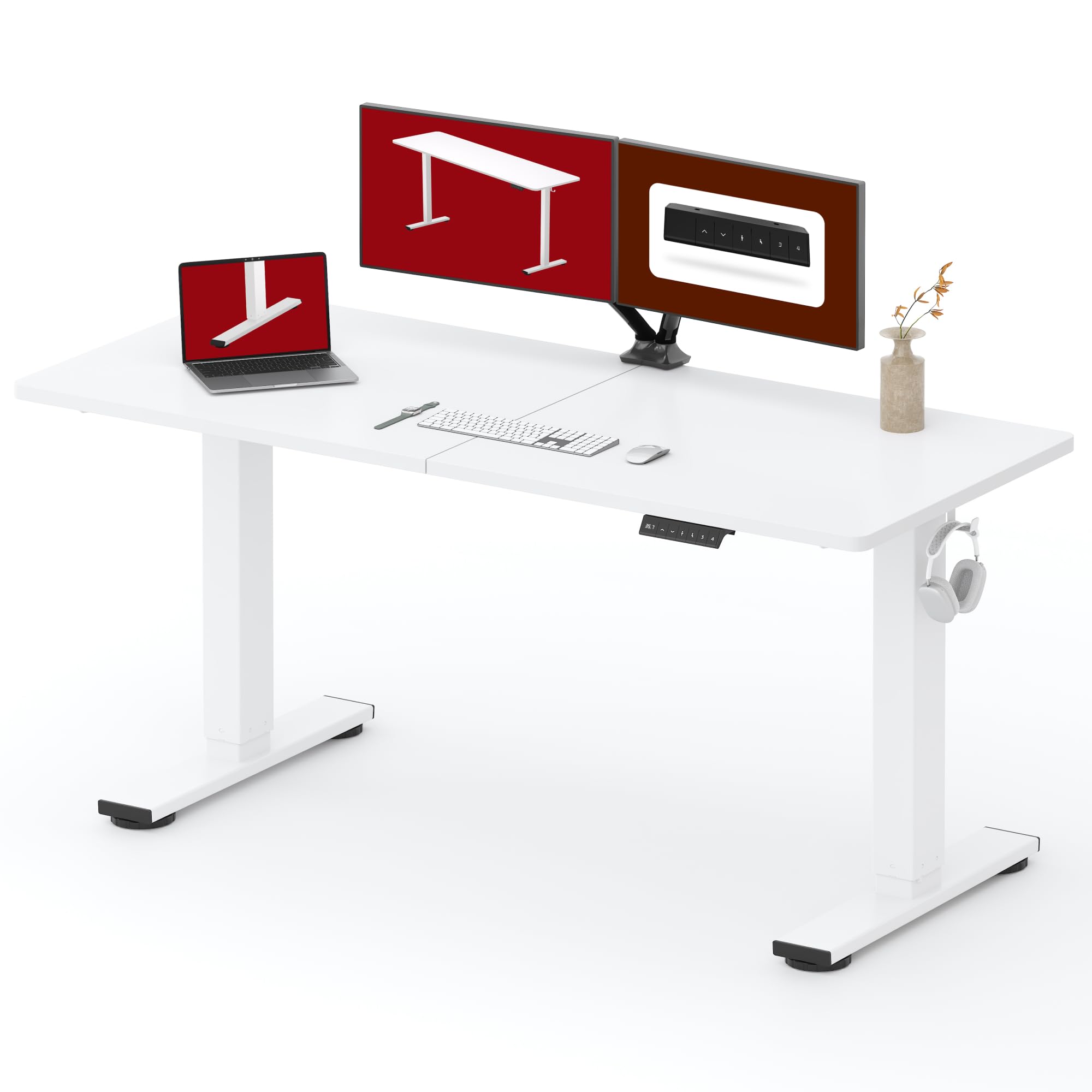 SANODESK Electric Standing Desk 63x24 Inches - Height Adjustable Sit Stand Desk with Splice Board, White Frame & White Top - Perfect for Home Office, Remote Work & Ergonomic Workspace