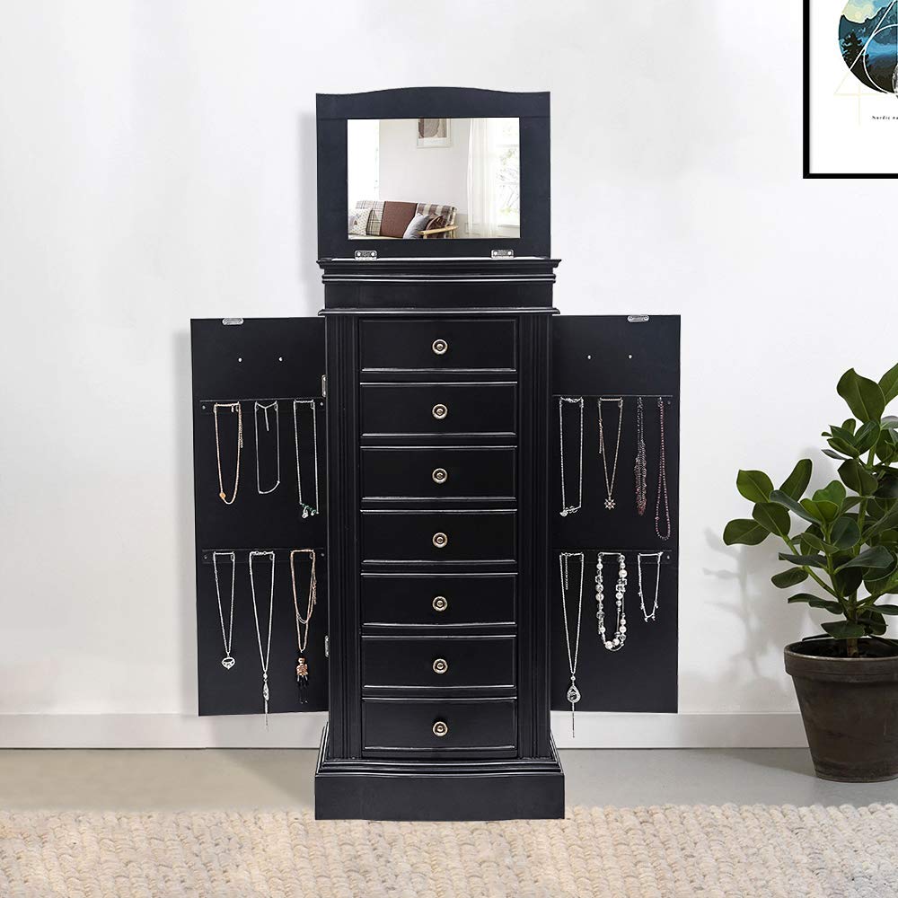 Large Standing Jewelry Armoire with Mirror - 7 Drawer Wooden Jewelry Cabinet Organizer with 2 Doors & 24 Necklace Hooks - Black Jewelry Storage Chest for Bedroom, Closet & Dressing Room