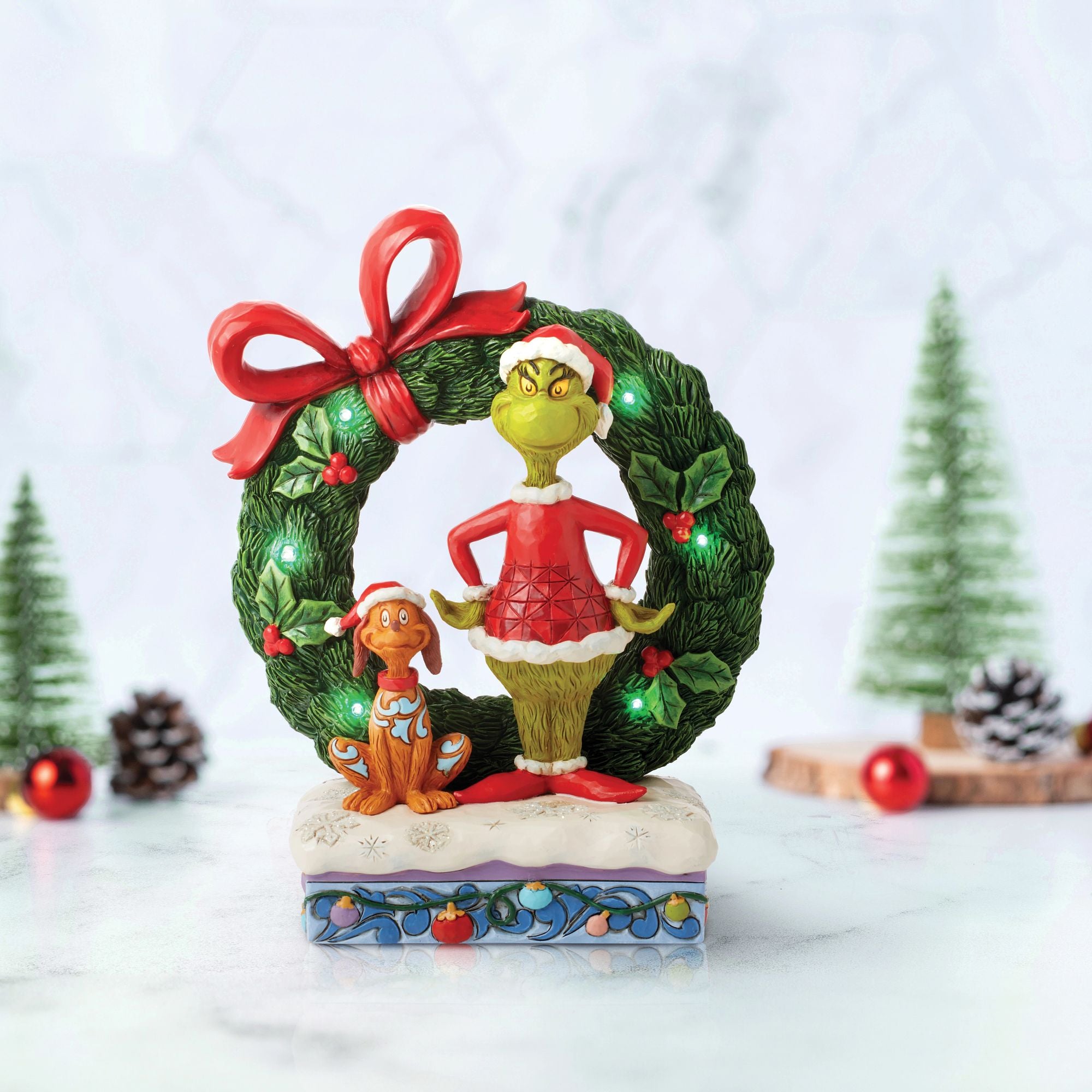 Grinch & Max in Wreath Figurine - Christmas Decor, Holiday Home Decoration, Collectible Gift for Xmas - Perfect for Tree Topper, Mantel Display, and Party Centerpiece