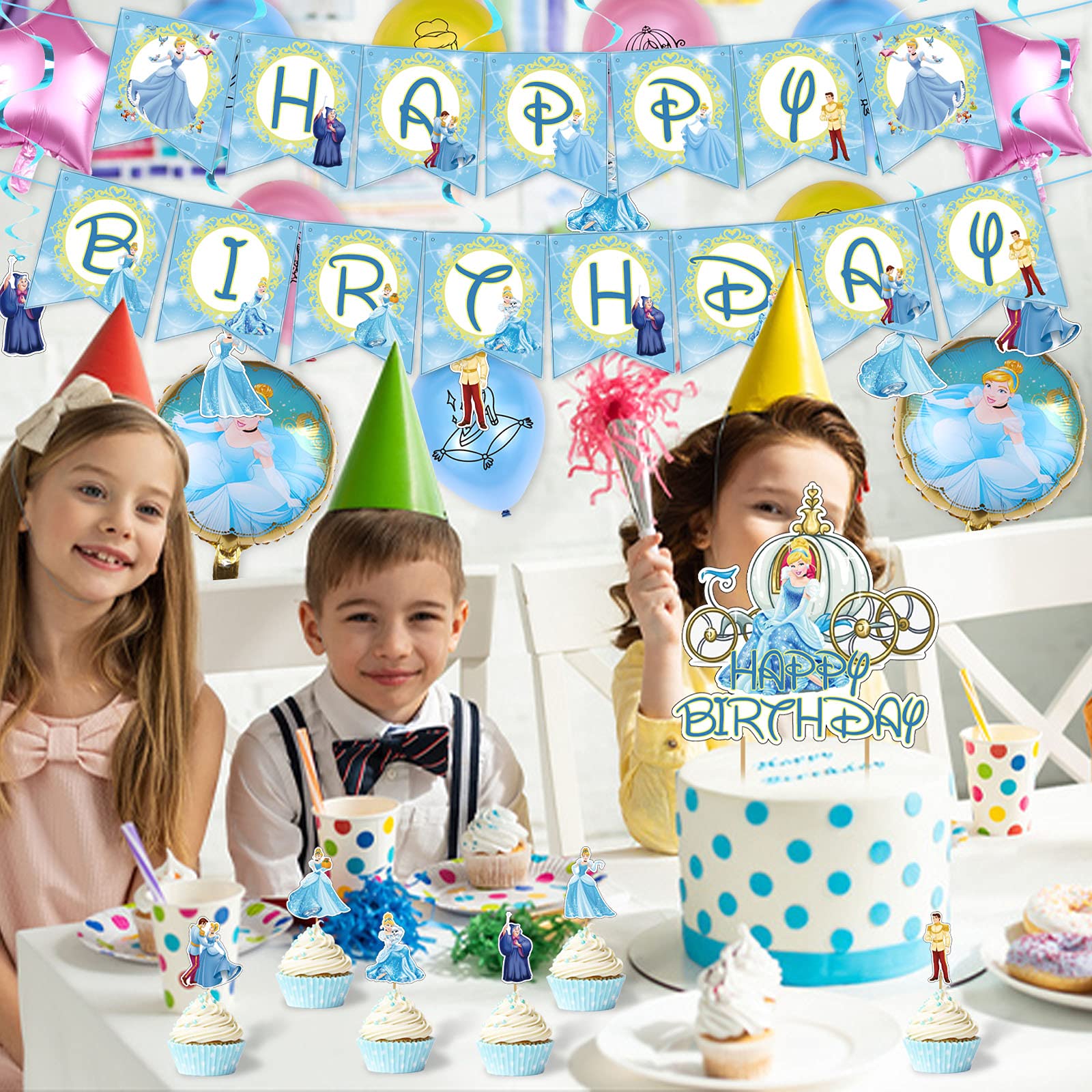 UINKI Cinderella Birthday Party Decorations Set - Princess Balloons, Banner, Cake Toppers & Swirls for Kids Fairy Tale Theme Party | Perfect for Birthday Celebrations, Baby Showers & Princess-Themed Events
