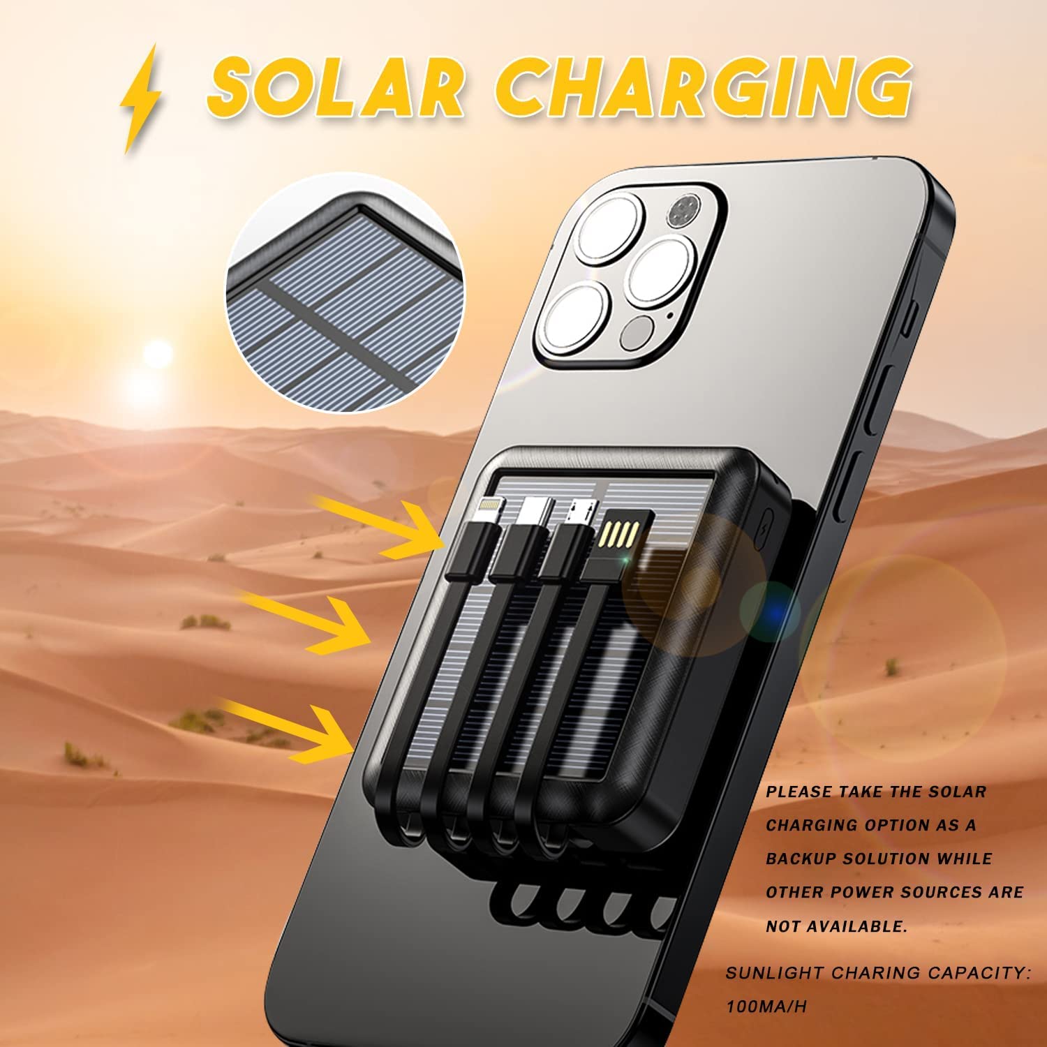 Lasuki 15000mAh Solar Power Bank - Portable Solar Charger with Built-in 4 Cables & USB-C Input/Output - Compact External Battery for iPhone, iPad, Tablet - Perfect for Camping, Hiking, and Outdoor Adventures