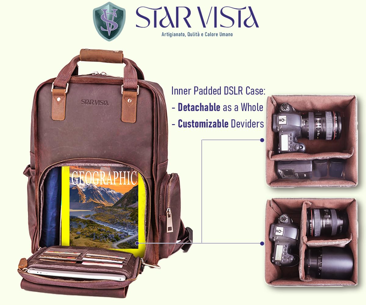 STAR VISTA Bernini Vintage Full Grain Leather DSLR/SLR Camera Backpack - Professional Photographer Bag with Tripod Holder & Laptop Compartment (Fits 15.6