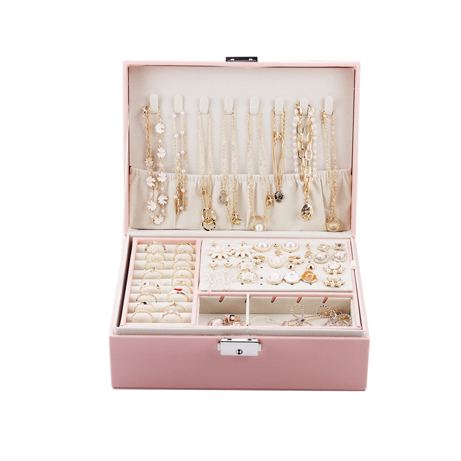Double-Layer High Capacity Leather Jewelry Box - Travel Jewelry Organizer for Necklace, Earrings & Rings - Pink Jewelry Storage Case | Perfect for Travel, Home & Gift Giving