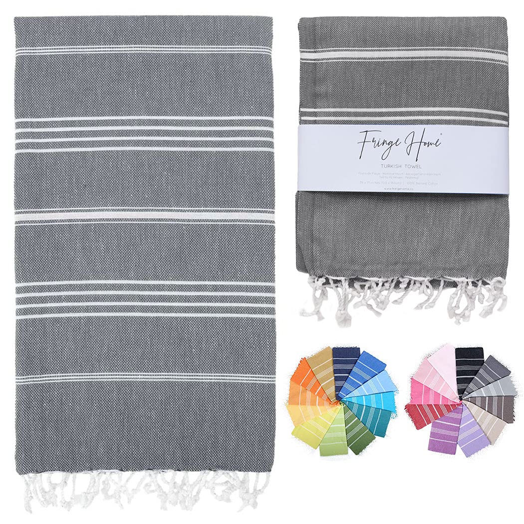 Premium 100% Cotton Turkish Fringe Towel - Soft & Absorbent Peshtemal for Beach, Bath & Spa | Lightweight & Quick-Drying (Grey) - Perfect for Travel, Yoga & Poolside Lounging