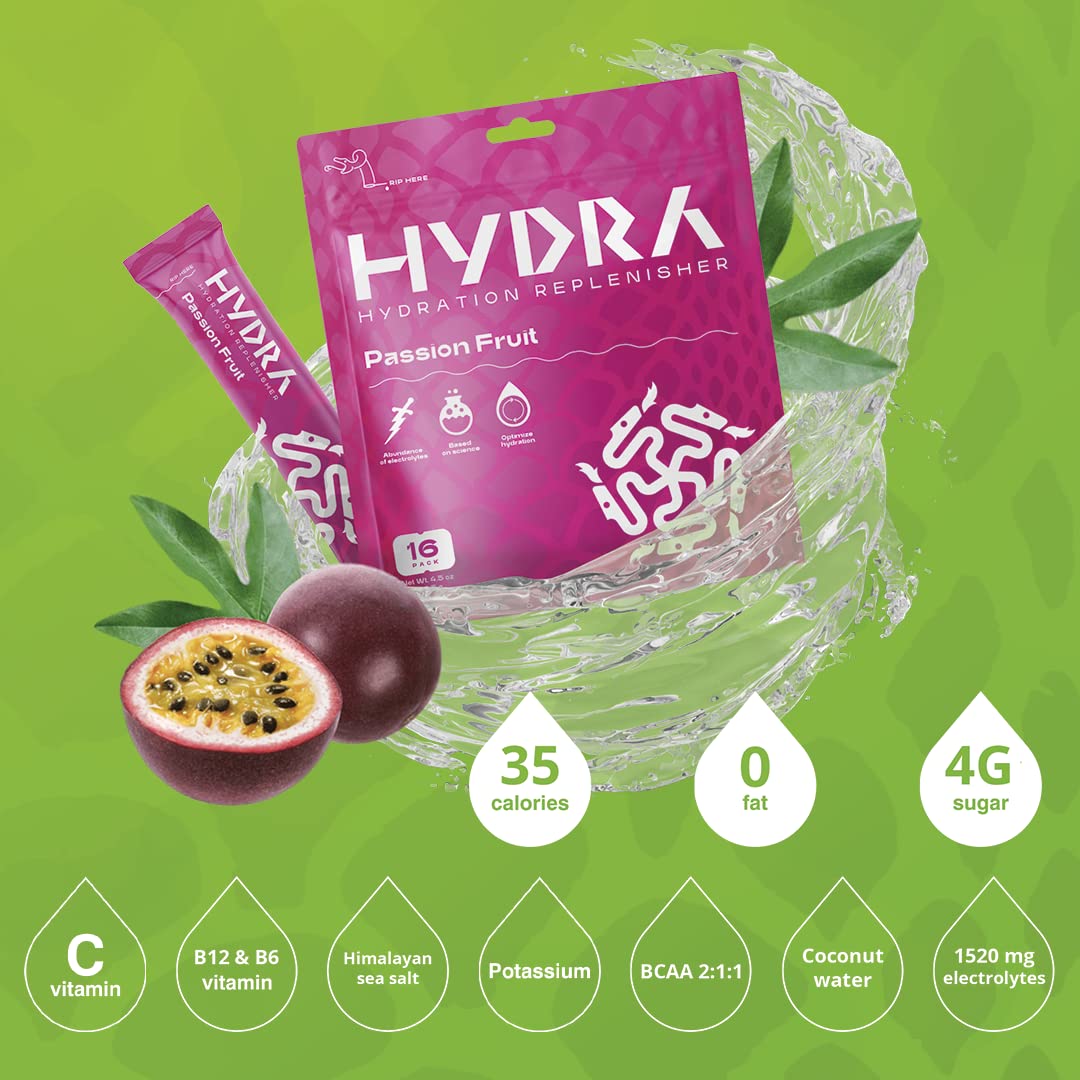Hydra Powder Electrolyte Powder Packets - Sports Hydration Drink Mix with Vitamins & Electrolytes - Low Sugar Passionfruit Flavor (16 Packets) - Perfect for Workout Recovery, Travel & Outdoor Activities