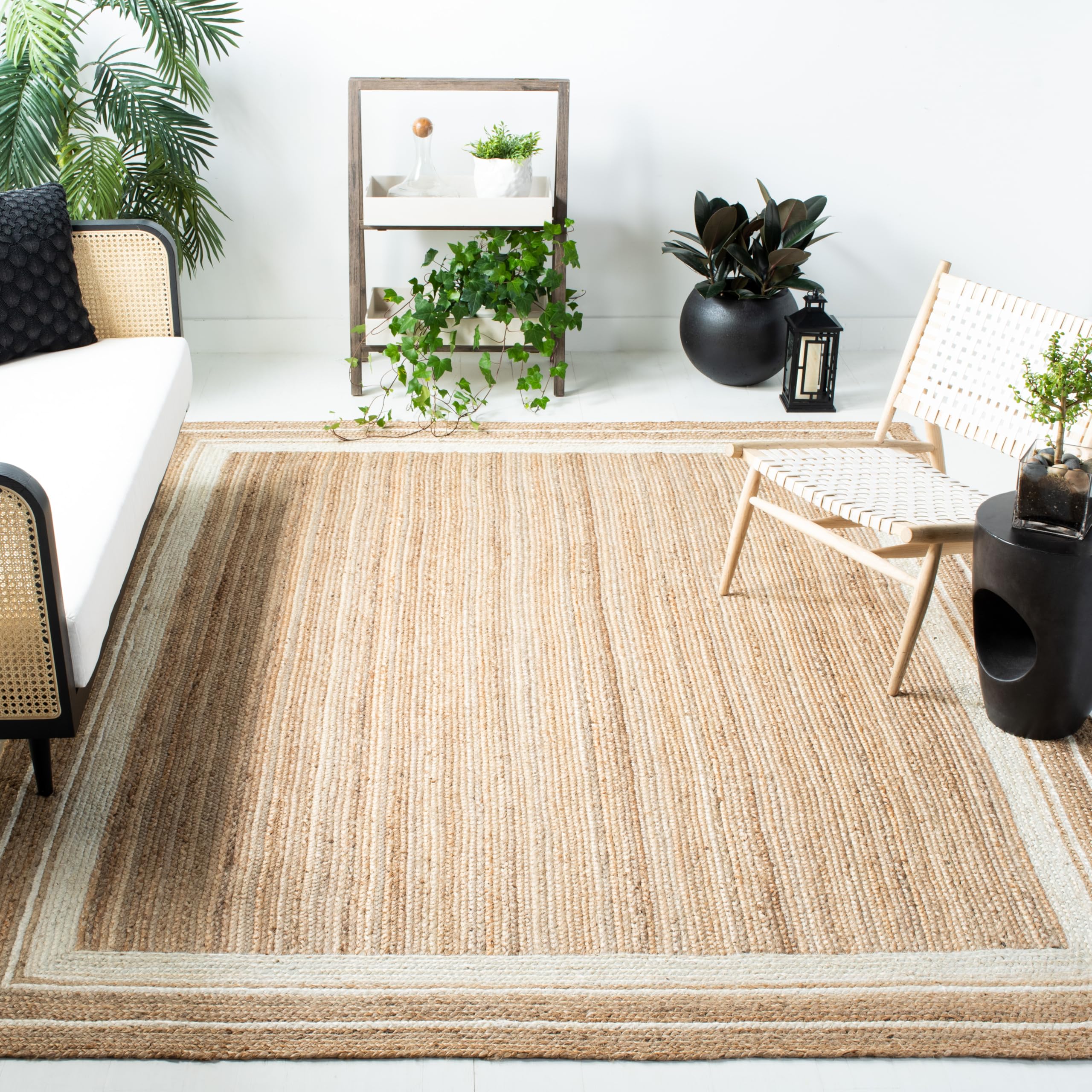 SAFAVIEH Handmade Natural Jute Area Rug 8' x 10' - Farmhouse Border Design in Natural & Ivory | Durable for High Traffic Living Room, Bedroom | Eco-Friendly Home Decor for Rustic & Boho Style (NF823A)