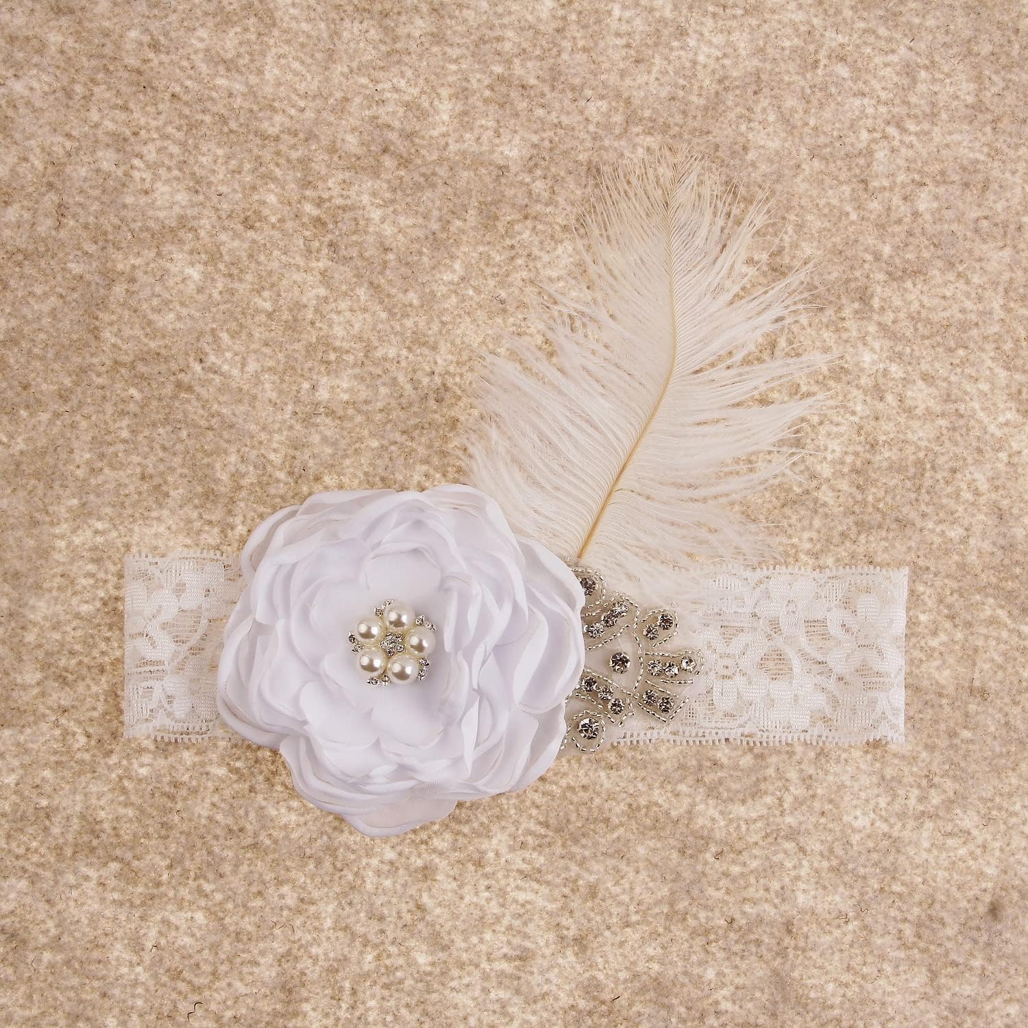 Nishine Baby Girls Rhinestone Flower Lace Headband - Elastic Infant Headbands for Newborns - Soft Hair Bands for Toddlers (White) - Perfect for Birthday Parties, Photo Shoots & Daily Wear