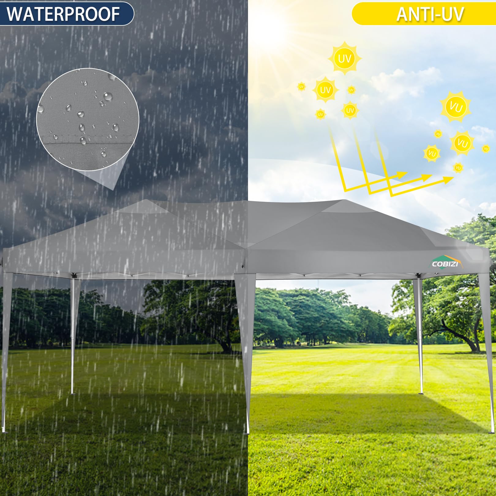 COBIZI 10x20 Pop Up Canopy Tent with 6 Sidewalls - Waterproof Instant Shelter for Outdoor Events, Beach Camping & Commercial Use | Portable Sun Shade Gazebo for Parties, Picnics & Tailgating (Grey, 10'x20')