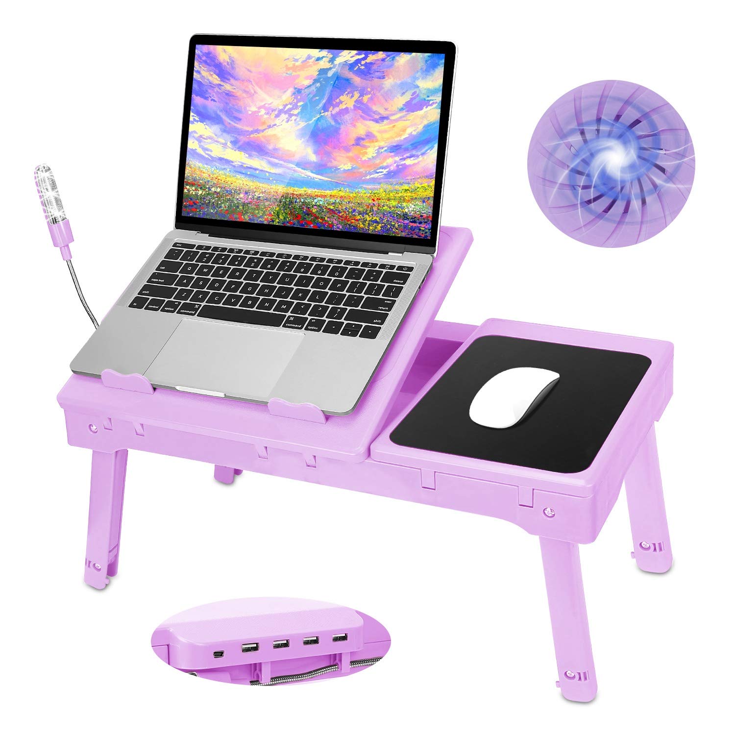 iMountek Multi-Functional Laptop Bed Table with Cooling Fan, LED Light, 4 USB Ports & Storage - Adjustable Notebook Desk Tray with Mouse Pad (Purple) | Perfect for Working, Studying or Watching Movies in Bed, Sofa or Floor