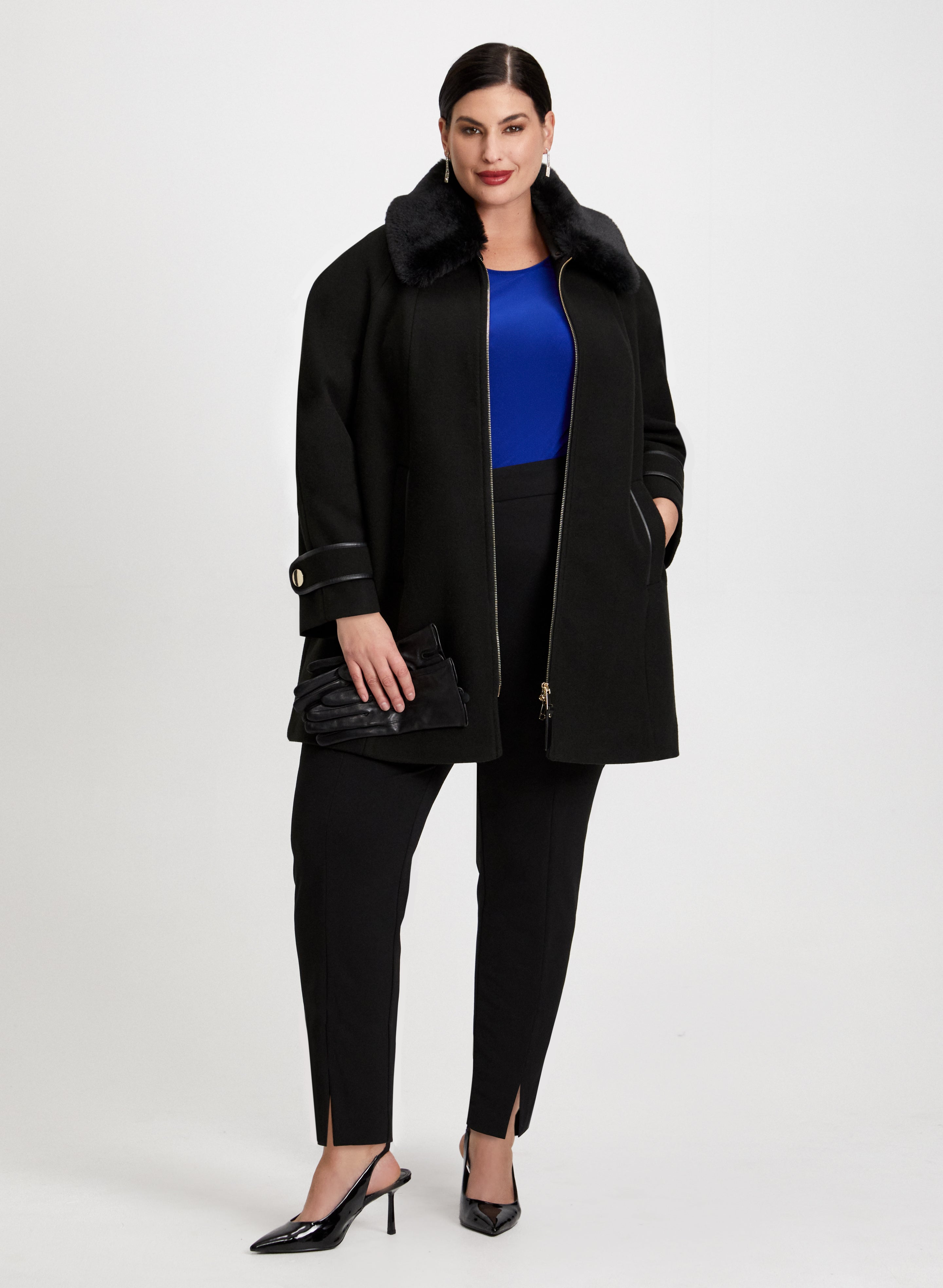 Stylish Faux Fur Collar Coat & Ruffle Sleeve Top for Women - Winter Fashion Outerwear & Chic Blouse for Parties and Date Nights