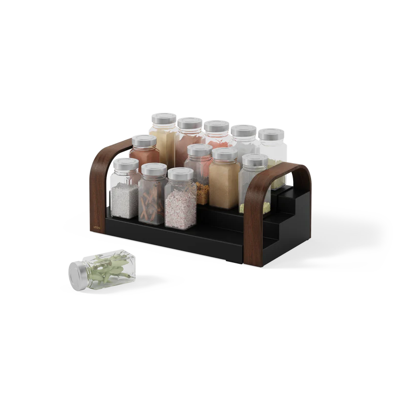 Bellwood 3 Tier Spice Rack Organizer - Walnut & Black Wooden Shelf for Kitchen Countertop - Perfect for Storing Spices, Condiments & Small Kitchen Essentials