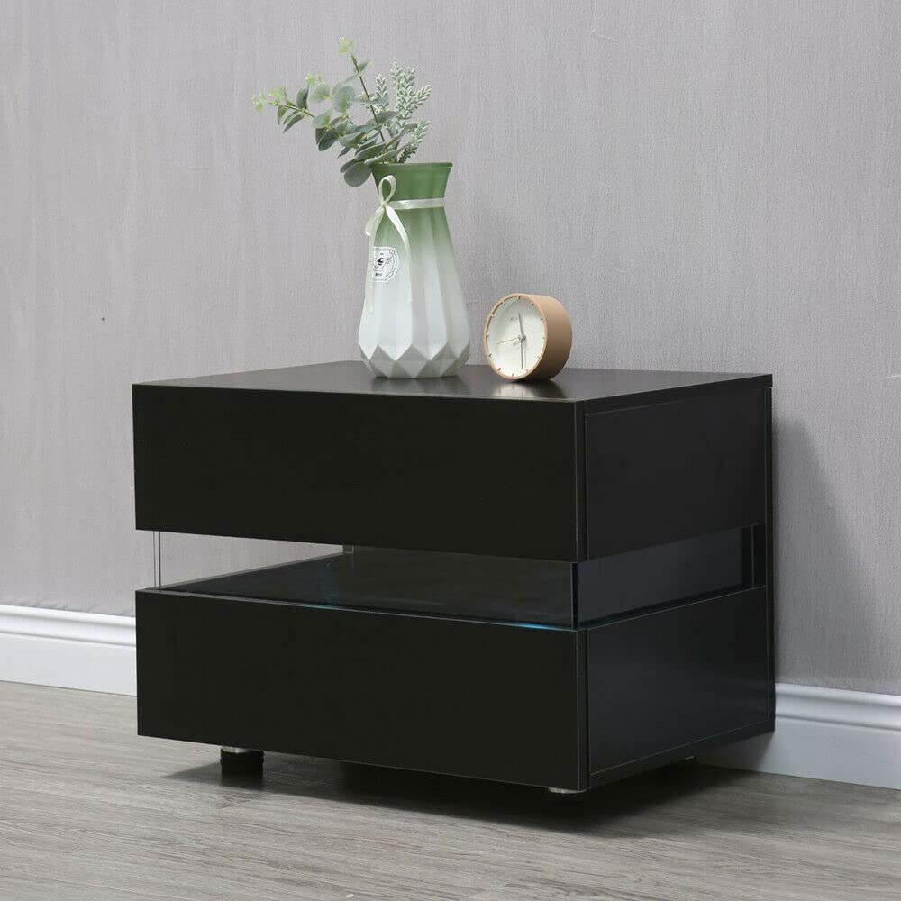 Modern Nightstand with Multi-Color LED Lights - High Gloss Black Bedside Table with 2 Drawers for Bedroom, Living Room - Perfect for Small Spaces & Contemporary Home Decor