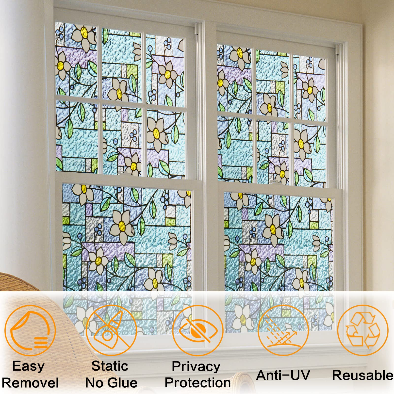 Filmgoo Privacy Window Film - Stained Glass Non-Adhesive Vinyl Static Cling, UV Protection & Decorative Window Tint for Home, Bedroom, Office - Perfect for Enhancing Privacy & Adding Elegant Style to Windows