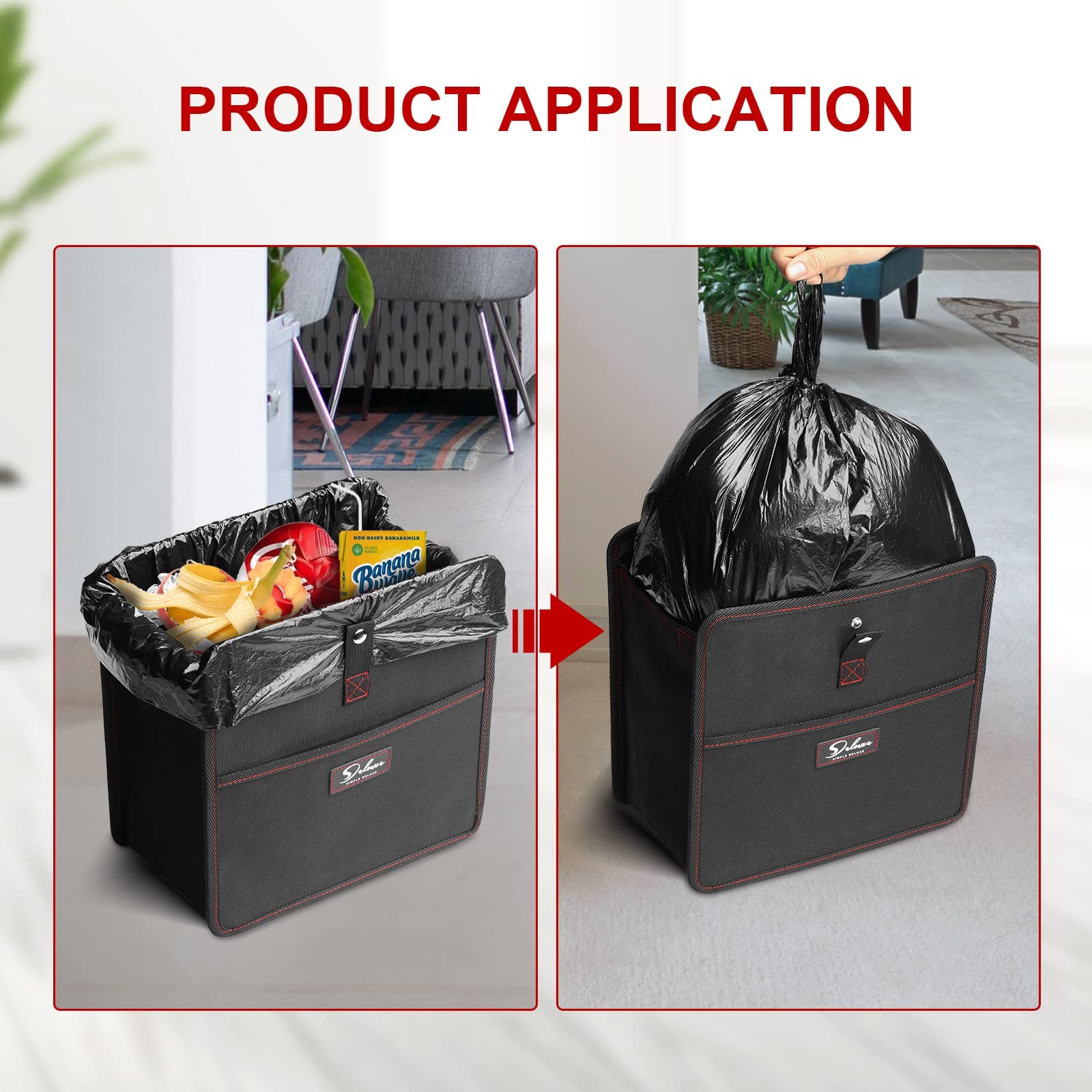 Simple Deluxe 3 Gallon Car Trash Can with Storage Pockets - Leak-Proof, Collapsible & Waterproof Garbage Bag with Adjustable Straps - Portable Vehicle Trash Bin for Road Trips, Camping & Office Use - Black