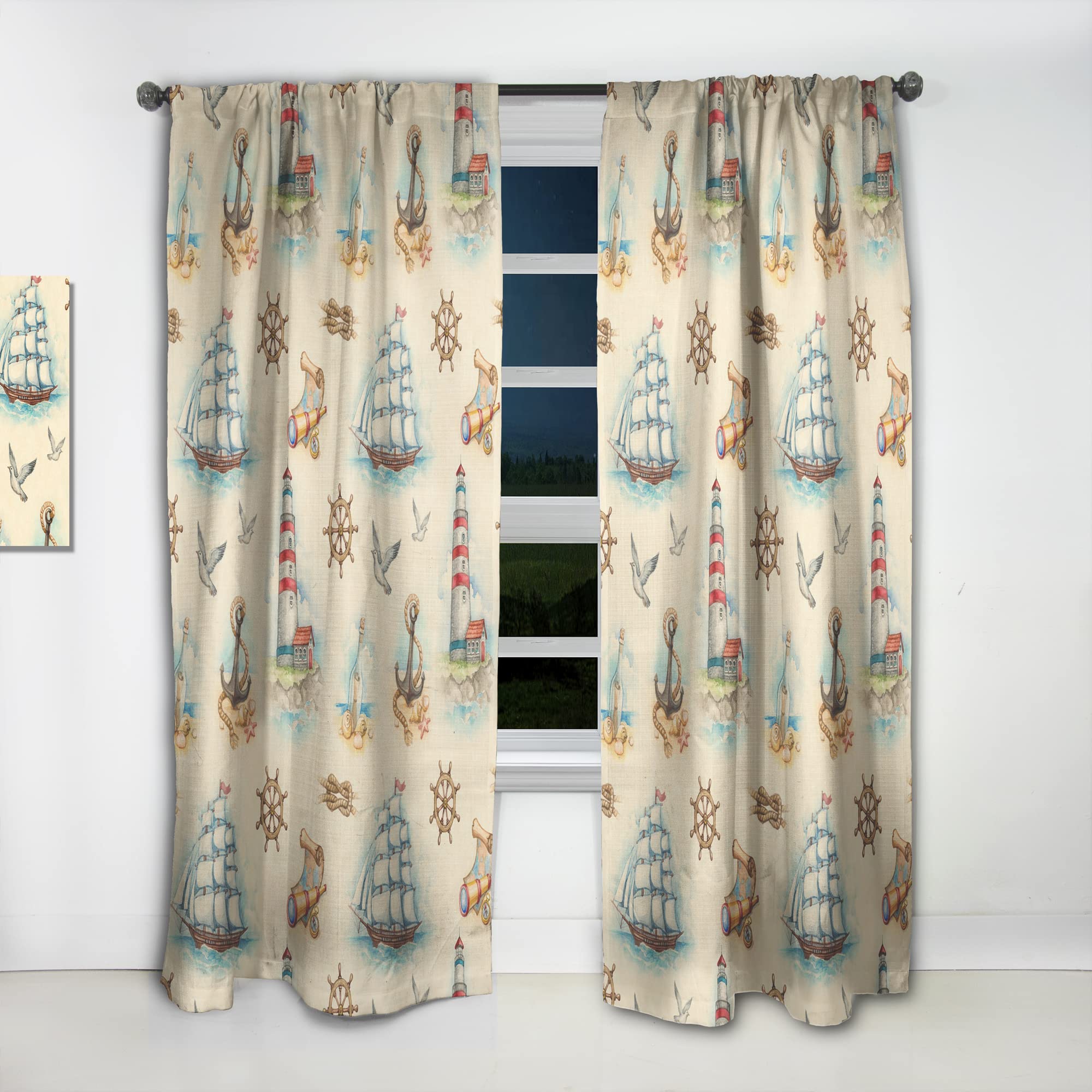 DesignQ Thermal Insulated Blackout Curtains - 'Watch Tower, Binocular, Sail Boat' Pattern - 52x108 Inch Single Panel for Bedroom & Living Room - Perfect for Home Decor, Privacy & Light Control
