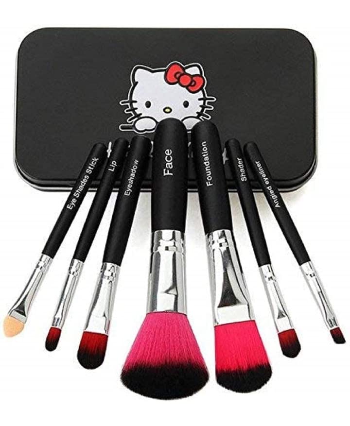 Soft Bristle Makeup Mini Brush Kit with Hello Kitty Print Storage Box | 7-Piece Makeup Blending Brush Set for Eyeshadow, Foundation & Contouring - Perfect for Travel & Professional Makeup Artists (Black)
