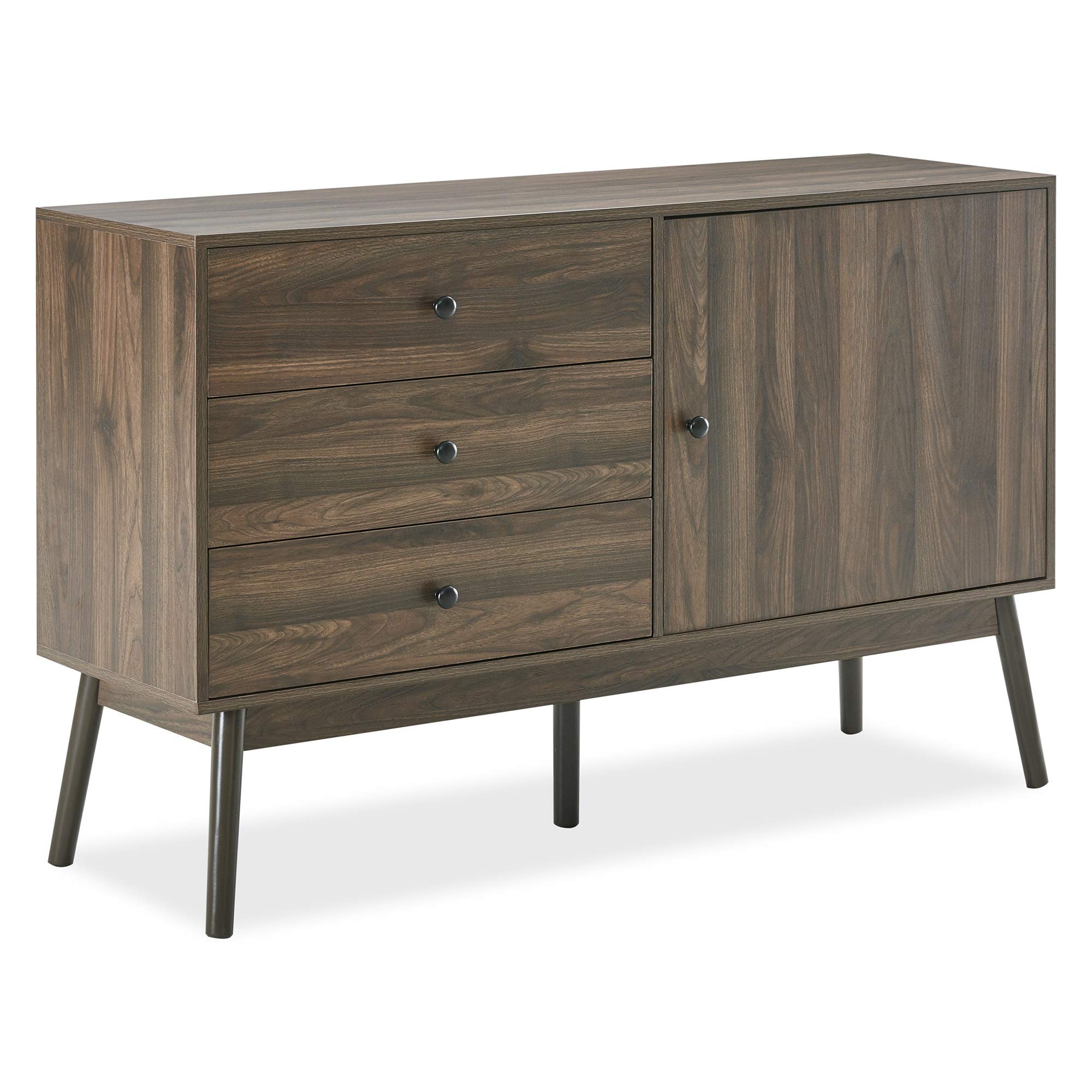 BELLEZE Mid Century Modern 52 Inch Sideboard Buffet Cabinet with Drawers - Dark Walnut TV Stand Entertainment Center for Living Room, Kitchen & Dining Room Storage Solution