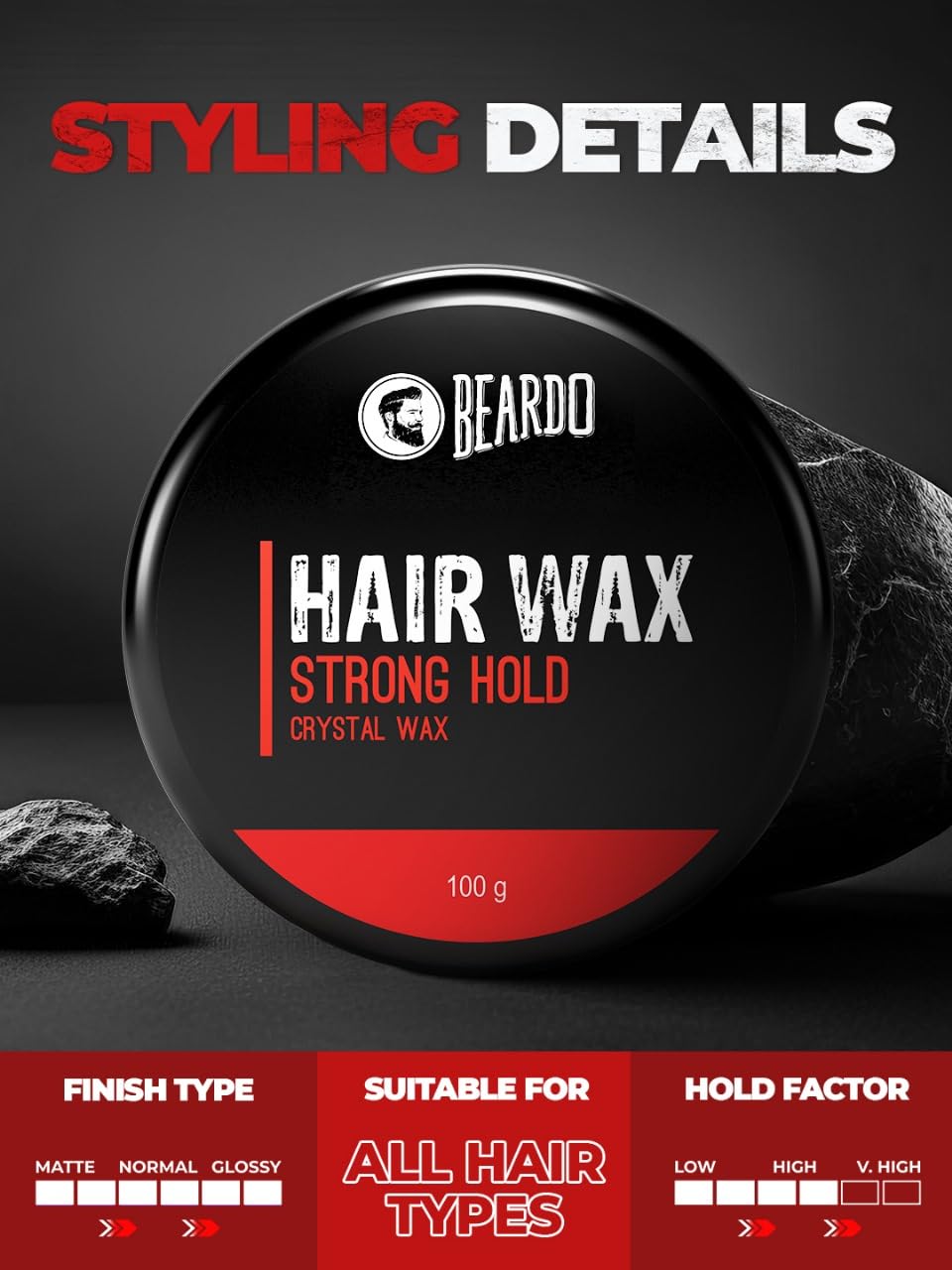 Beardo Stronghold Hair Wax for Men - 100gm Crystal Styling Wax with Glossy Finish & Strong Hold | Shine & Style Hair Wax | Perfect for Daily Grooming, Parties & Professional Looks