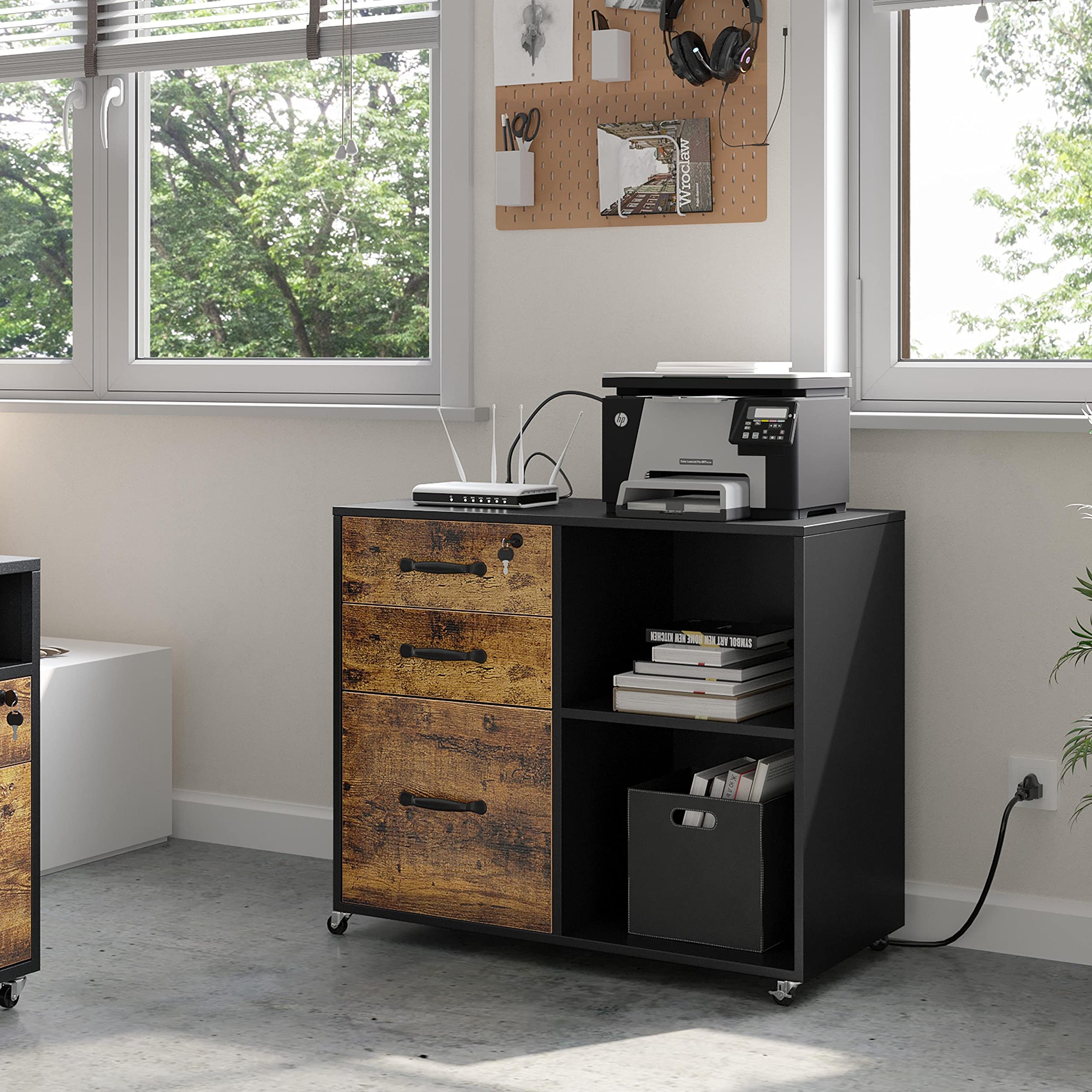 Yaheetech 3-Drawer Lateral File Cabinet with Built-in Charging Station - Black/Rustic Brown Office Filing Cabinet & Printer Stand for Home & Workspace Organization | Perfect for Home Offices, Study Rooms & Corporate Environments