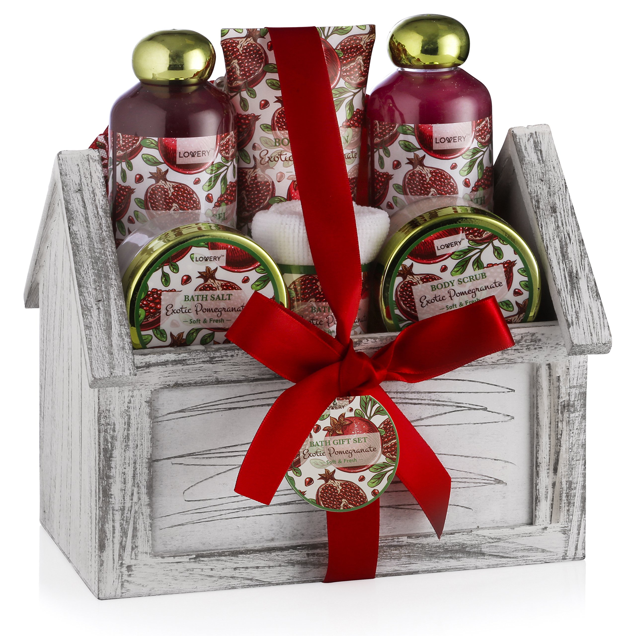 Luxury 8-Piece Spa Gift Set for Women - Exotic Pomegranate Scented Bath & Body Care (Shower Gel, Bubble Bath, Lotion, Bath Salt, Body Scrub, Towel & Cosmetic Bag) - Perfect Housewarming Gift, Bridal Shower Present & Relaxing Self-Care Treat