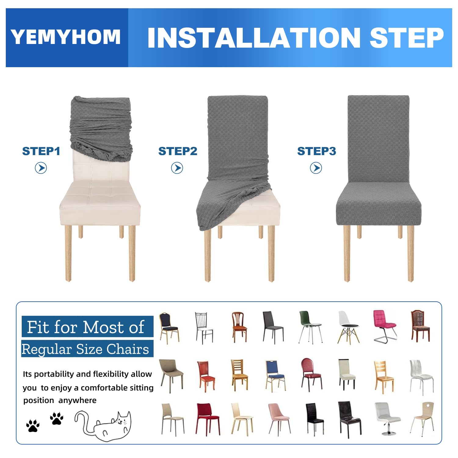 YEMYHOM 2 Pack Stretch Checkered Dining Chair Slipcovers - Parsons Chair Covers for Kitchen, Restaurant & Party - Light Gray Furniture Protector for Home & Commercial Use