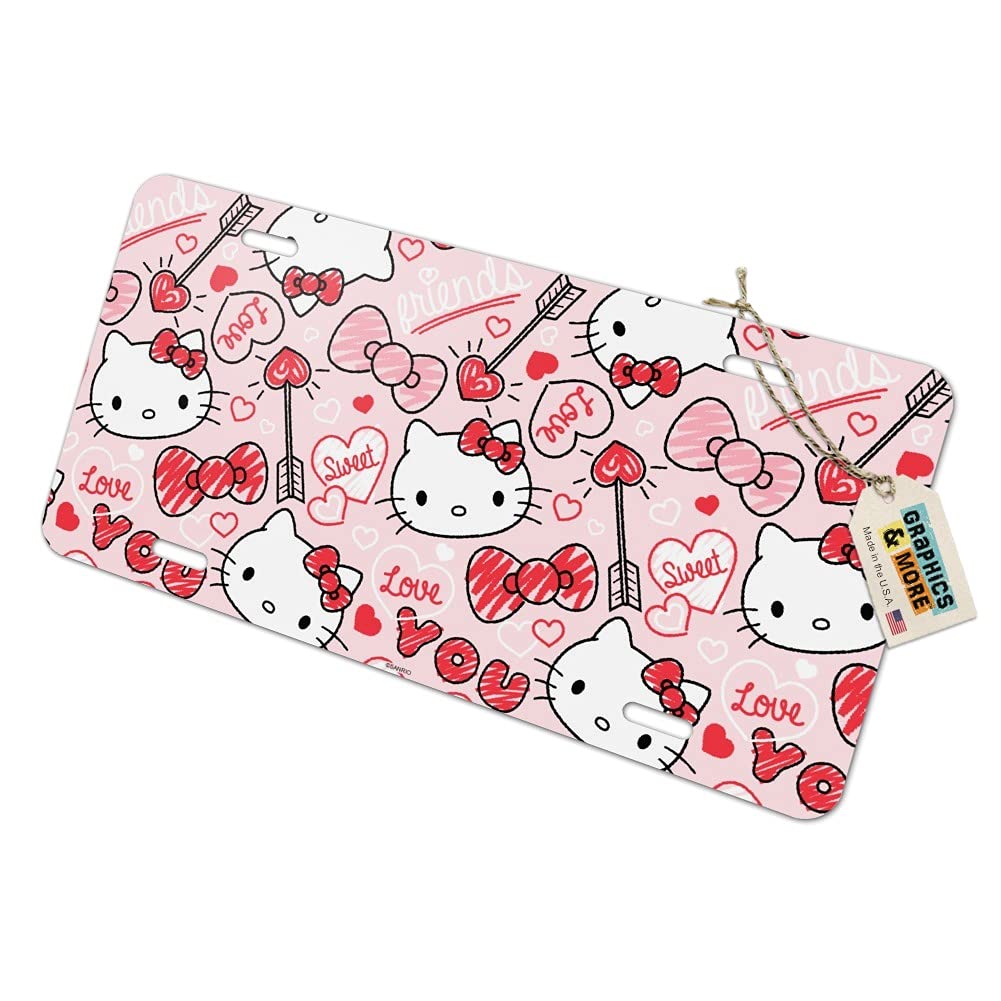 Hello Kitty Love You Valentine's Pattern Metal Vanity Tag License Plate - Cute Car Accessory for Girls, Kawaii Bedroom Decor, Gift for Anime Fans