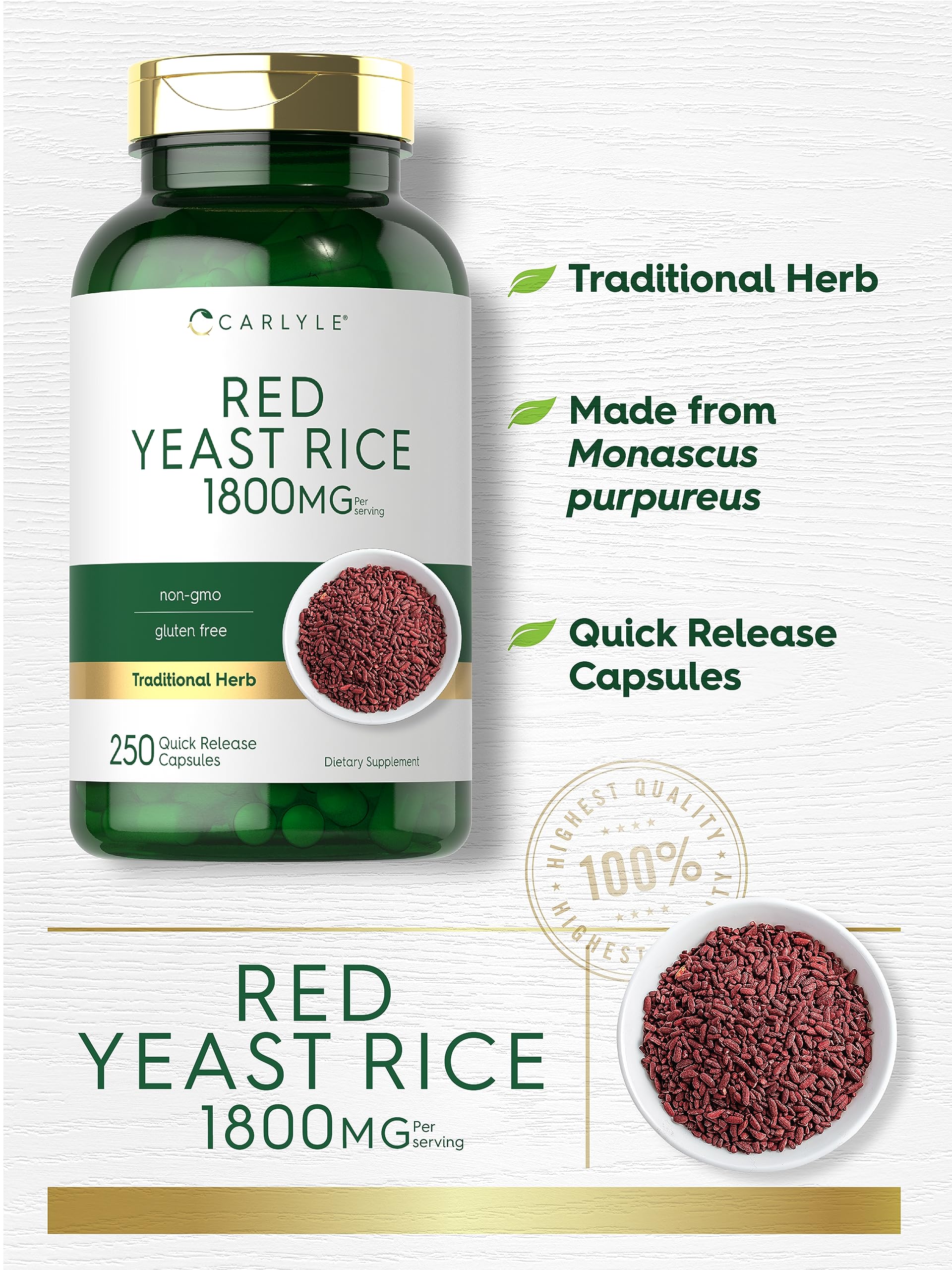 Carlyle Red Yeast Rice Supplement 250 Capsules | Non-GMO, Gluten Free, Cholesterol Support | Heart Health & Wellness Dietary Supplement for Adults