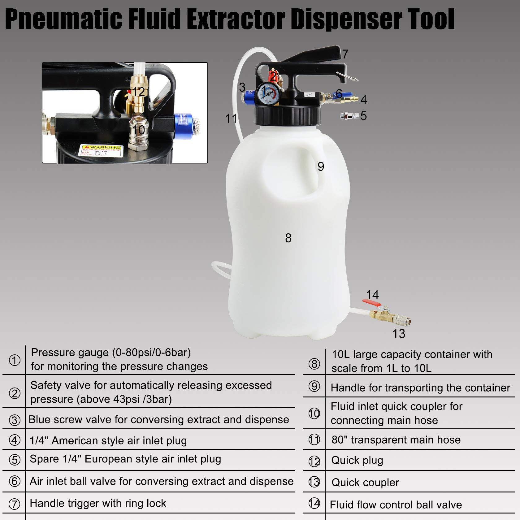 10L Pneumatic Fluid Extractor Dispenser Set - ATF Oil Change Kit for Engine, Transmission, Differential & Power Steering - Includes Pump & Black Case - Perfect for DIY Car Maintenance & Fluid Replacement