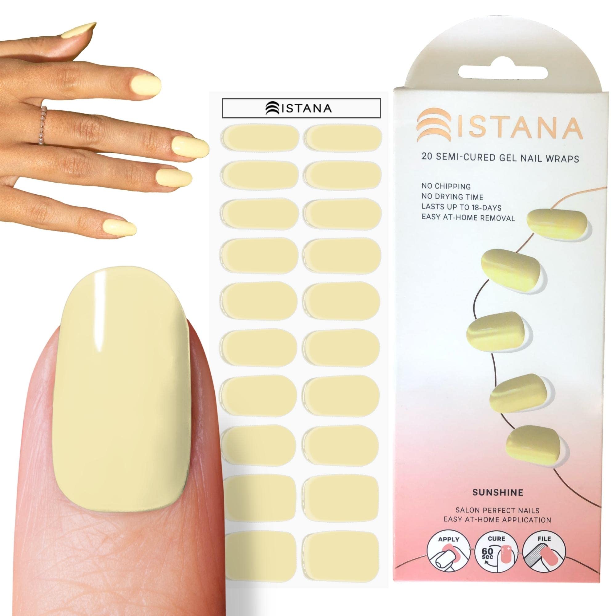 Istana Semi Cured Gel Nail Polish Strips - 20 Stylish Designs in 10 Sizes | Long-Lasting Self-Adhesive Nail Wraps (Up to 18 Days) | Perfect for Home Manicures, Parties & Special Occasions | Sunshine Collection