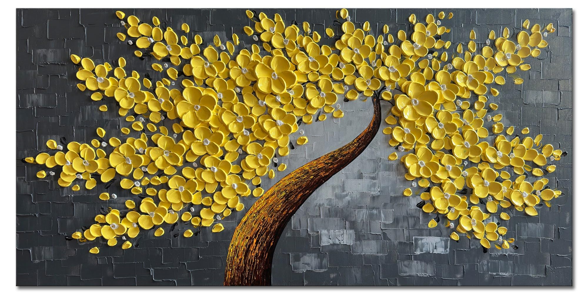 Alenoss Hand Painted Yellow Floral Oil Painting on Canvas - 48x24 Inches Large Abstract Wall Art for Living Room, Bedroom & Office Decor | Modern Home Decorations & Unique Gift Idea