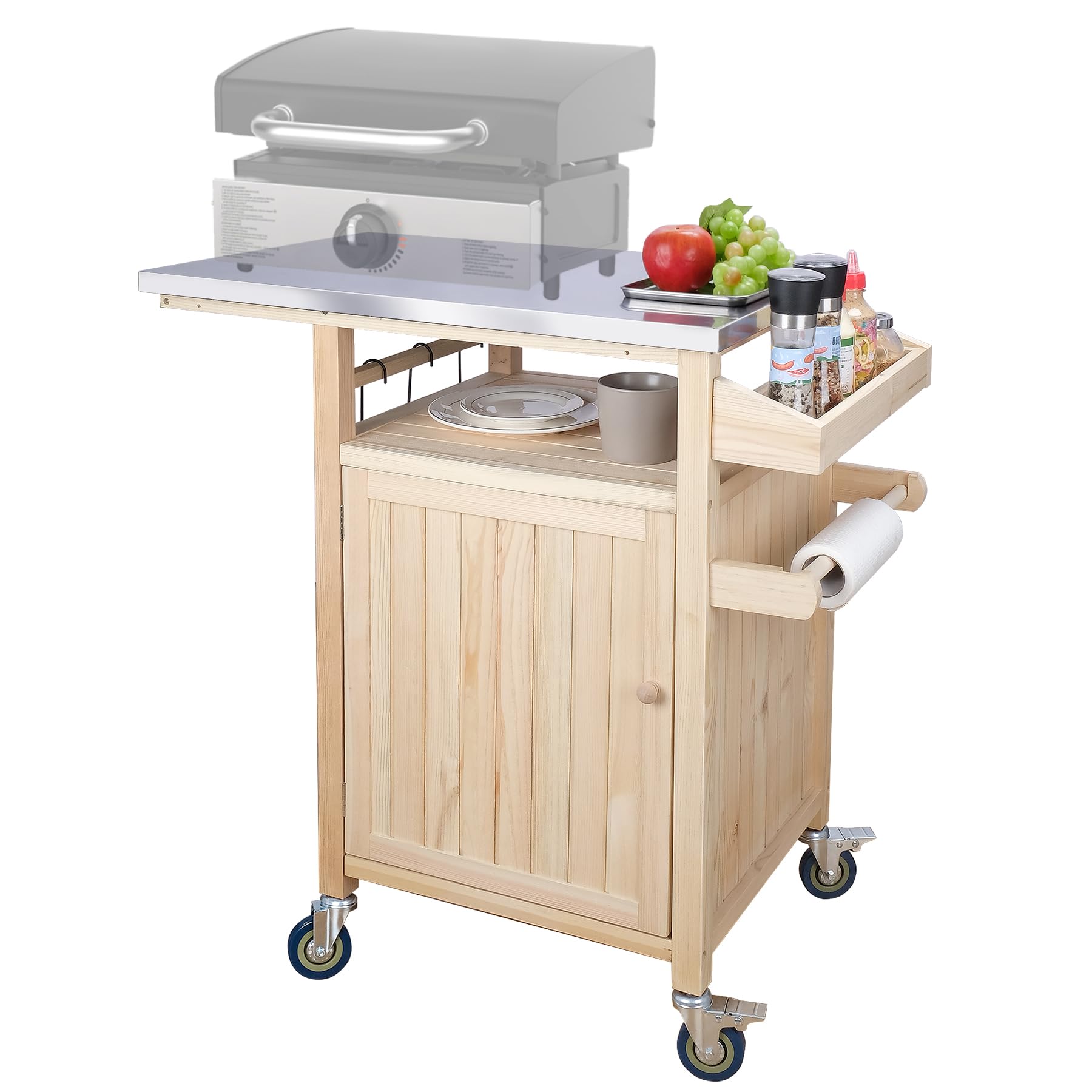 Portable Outdoor Grill Table with Storage Cabinet - Solid Wood BBQ Cart with Wheels & Stainless Steel Top | Perfect for Backyard, Patio, Camping and Tailgating Parties