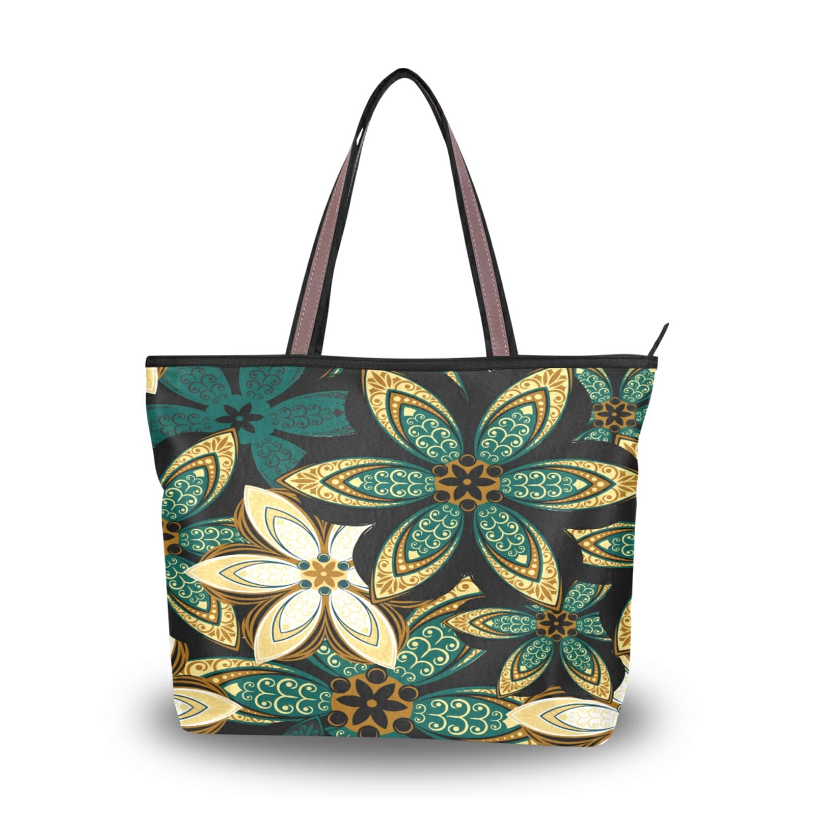 ALAZA Green Golden Flower Tote Bag - Reusable Women's Zippered Shoulder Handbag for Beach, Travel & Shopping | Eco-Friendly Fashion Accessory for Daily Use, Work & Weekend Outings