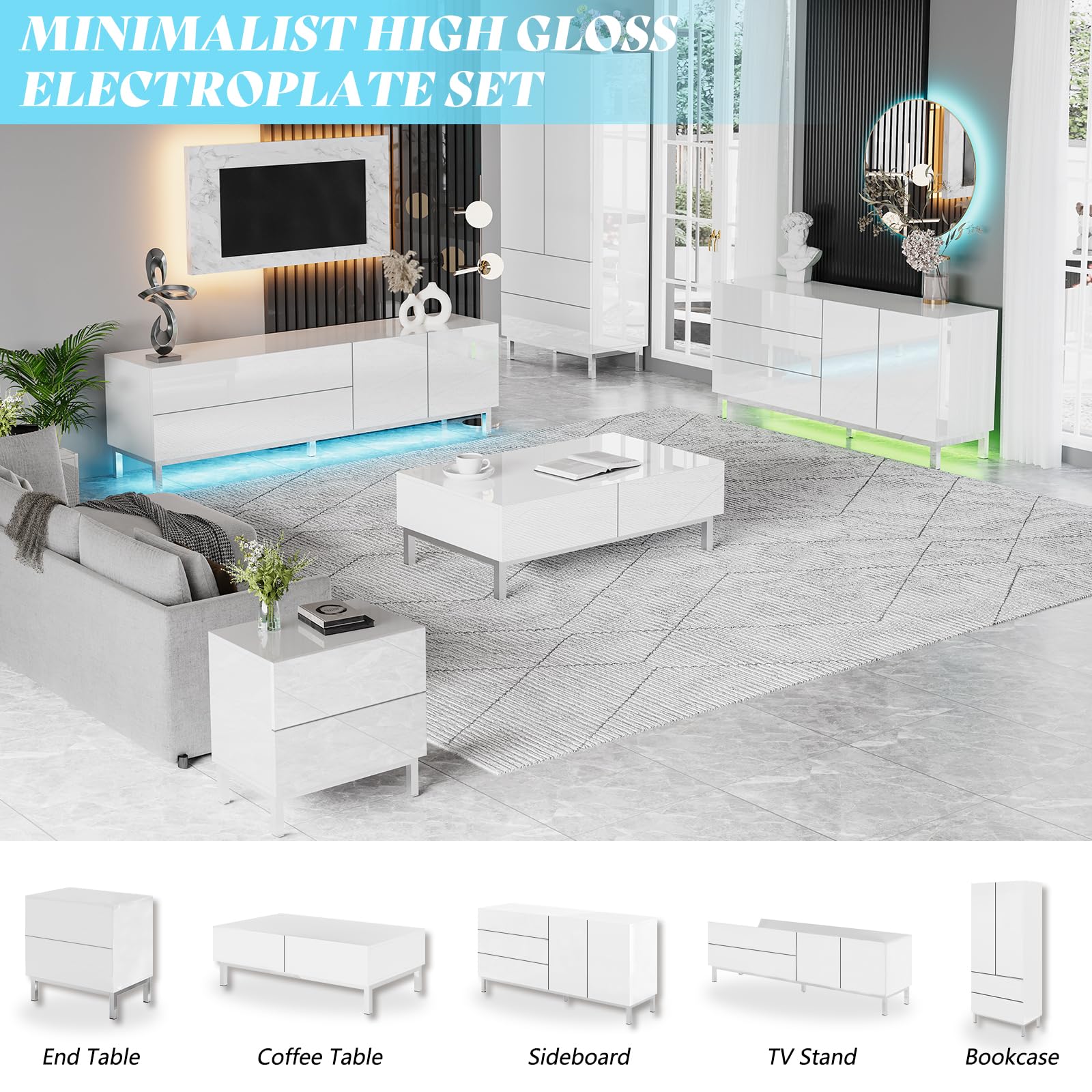 AMERLIFE Modern Minimalist White Rectangular Coffee Table Set of 3 - High Gloss Electroplated Finish with Storage Drawers - Perfect for Living Room, Office, or Small Space Decor