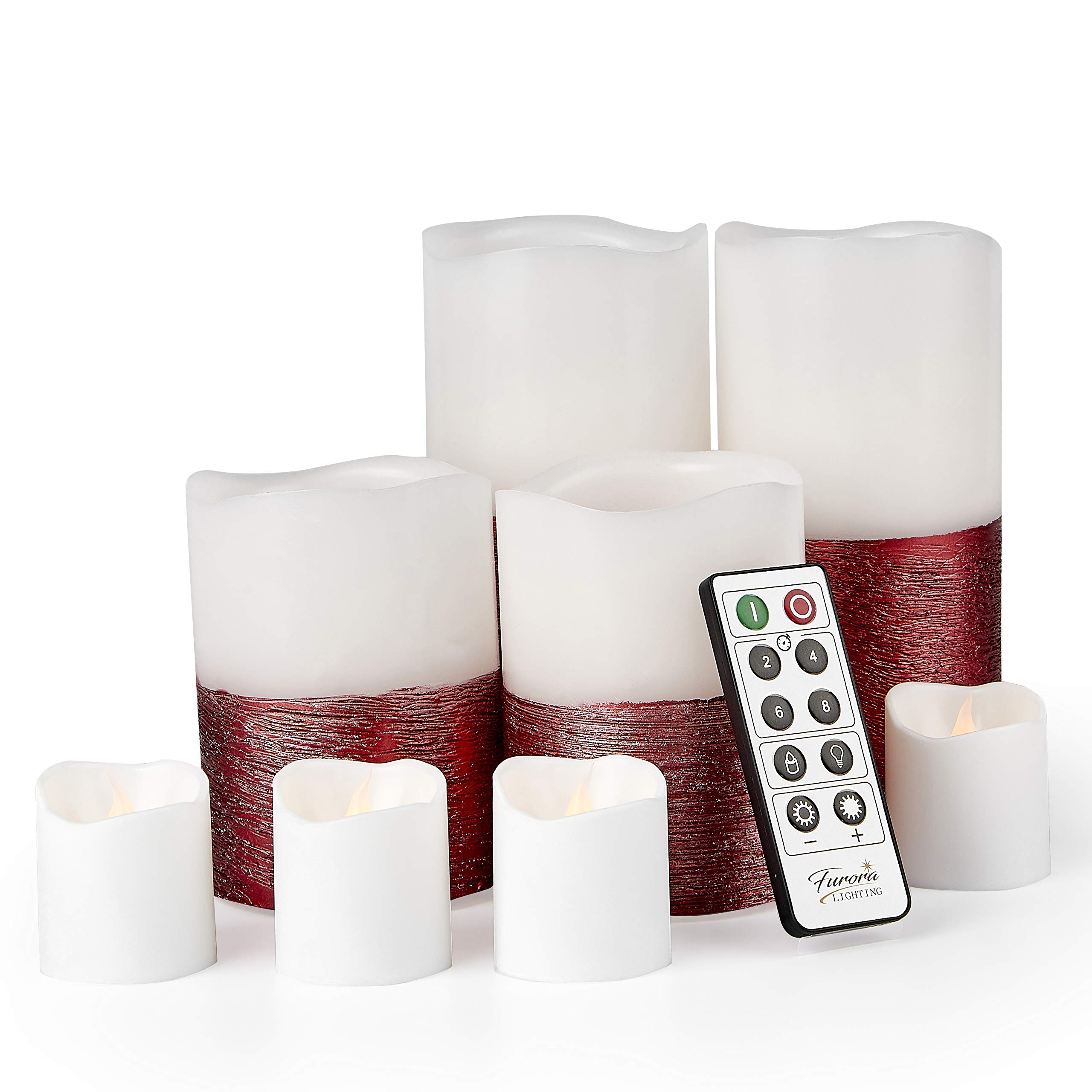 Furora LED Flameless Candles Set of 8 - Battery Operated Real Wax Pillar & Votive Candles with Remote Control, Flickering Flame Effect & Timer - Perfect for Home Decor, Weddings, and Romantic Dinners (Red Trim)