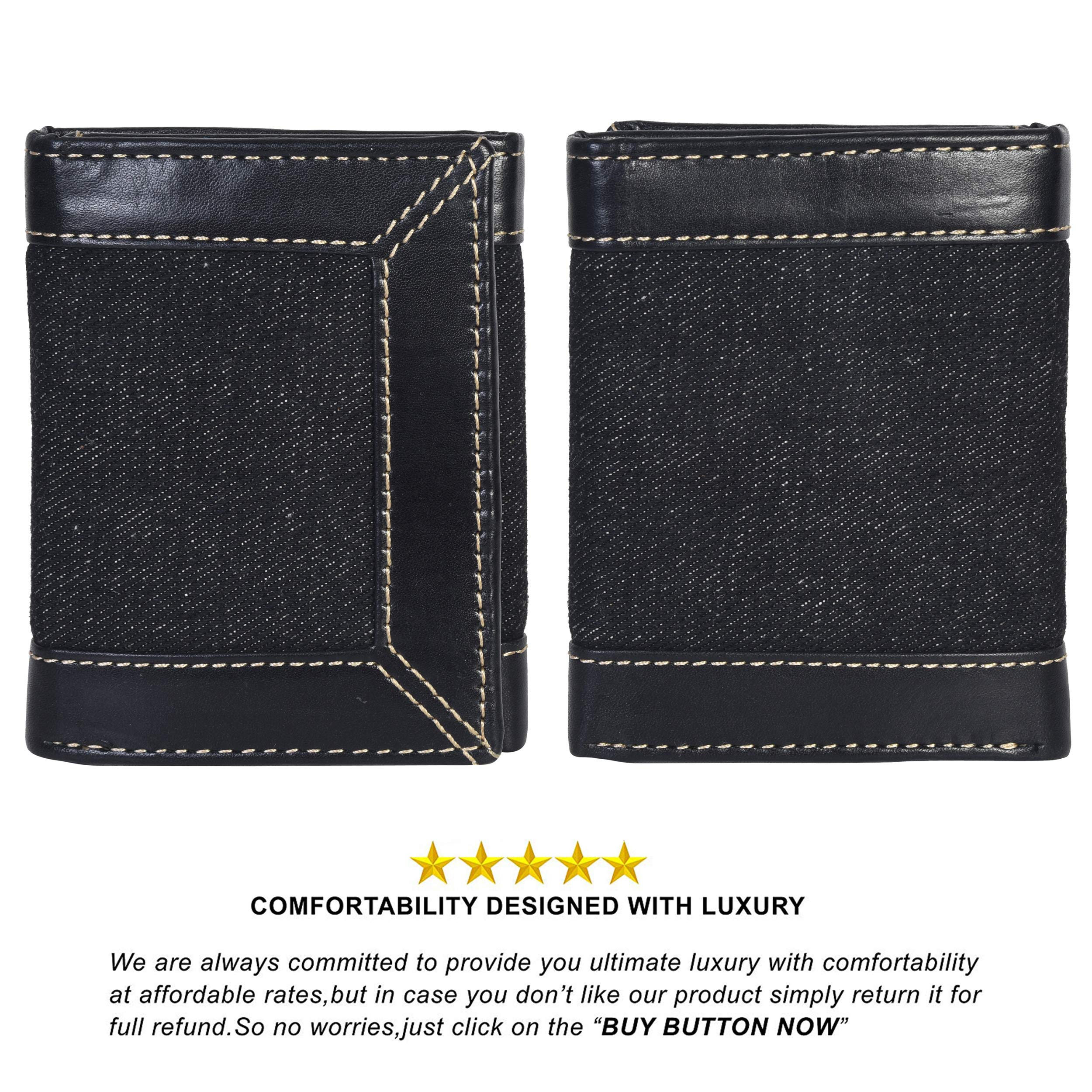 Premium Men's Slim Trifold Denim Wallet with ID Window & Credit Card Slots - Durable Designer Leather Wallet for Everyday Carry, Business & Travel - LeatherBoss