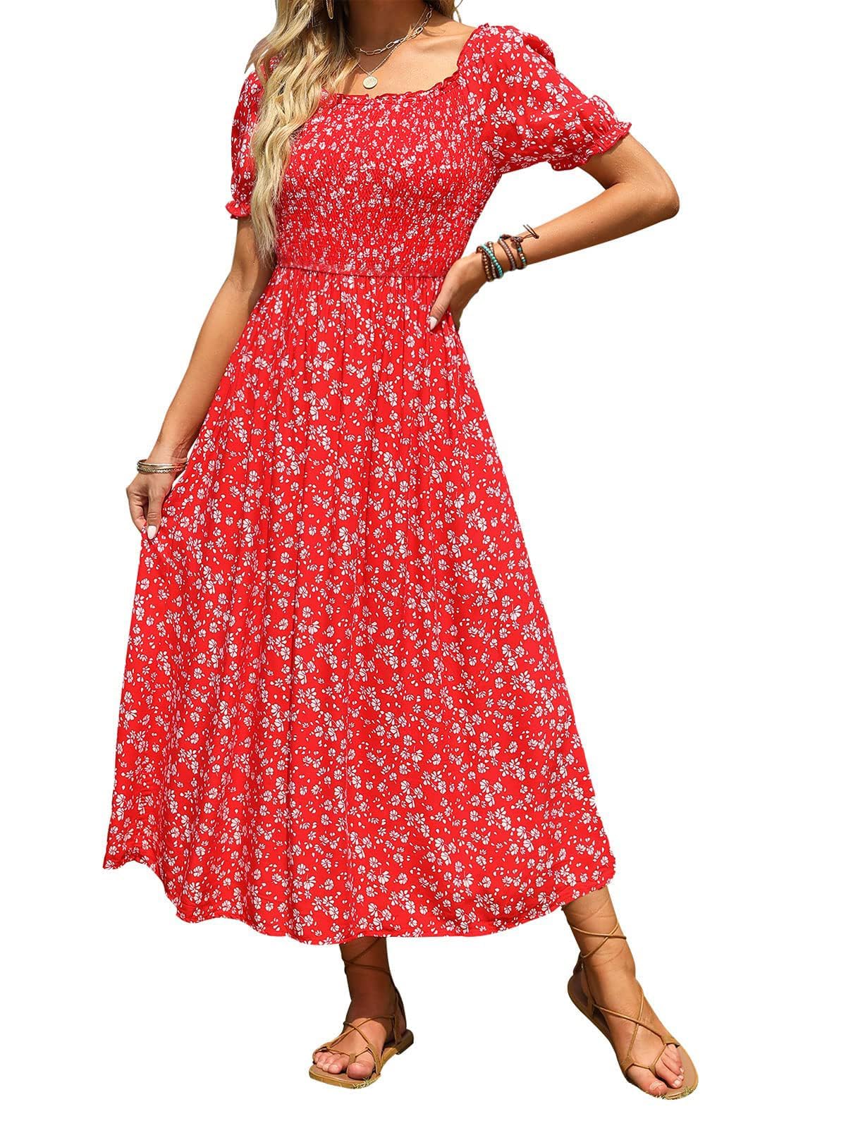 ZESICA Women's 2025 Summer Boho Floral Print Square Neck Ruffle Swing Long Maxi Dress - Beach Wedding, Vacation, Party & Casual Wear