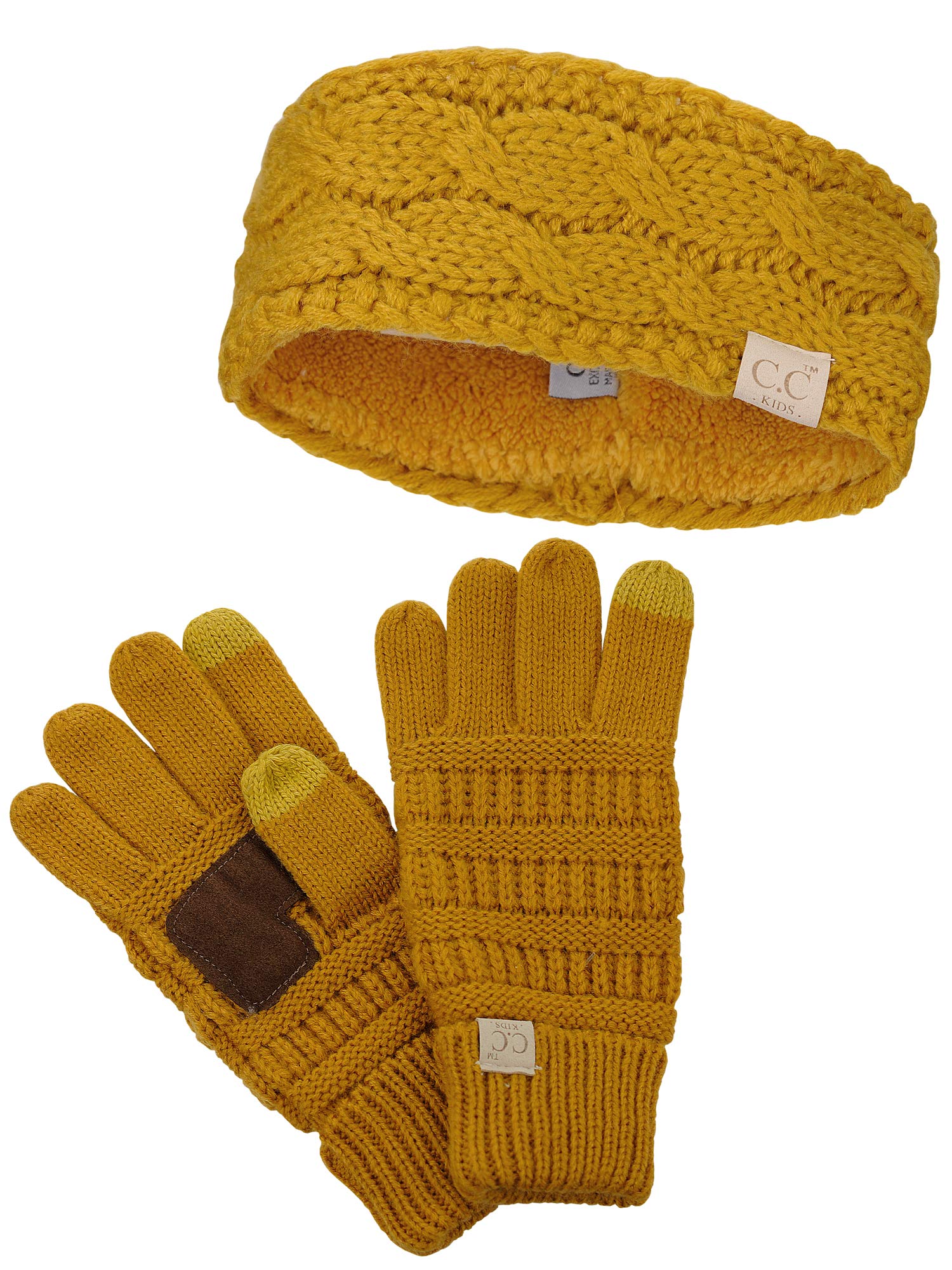 C.C Kids' Cable Knit Ear Warmer Headband & Touchscreen Gloves Set - Winter Warm Accessories for Children's Outdoor Activities, Snow Play, and School Commute