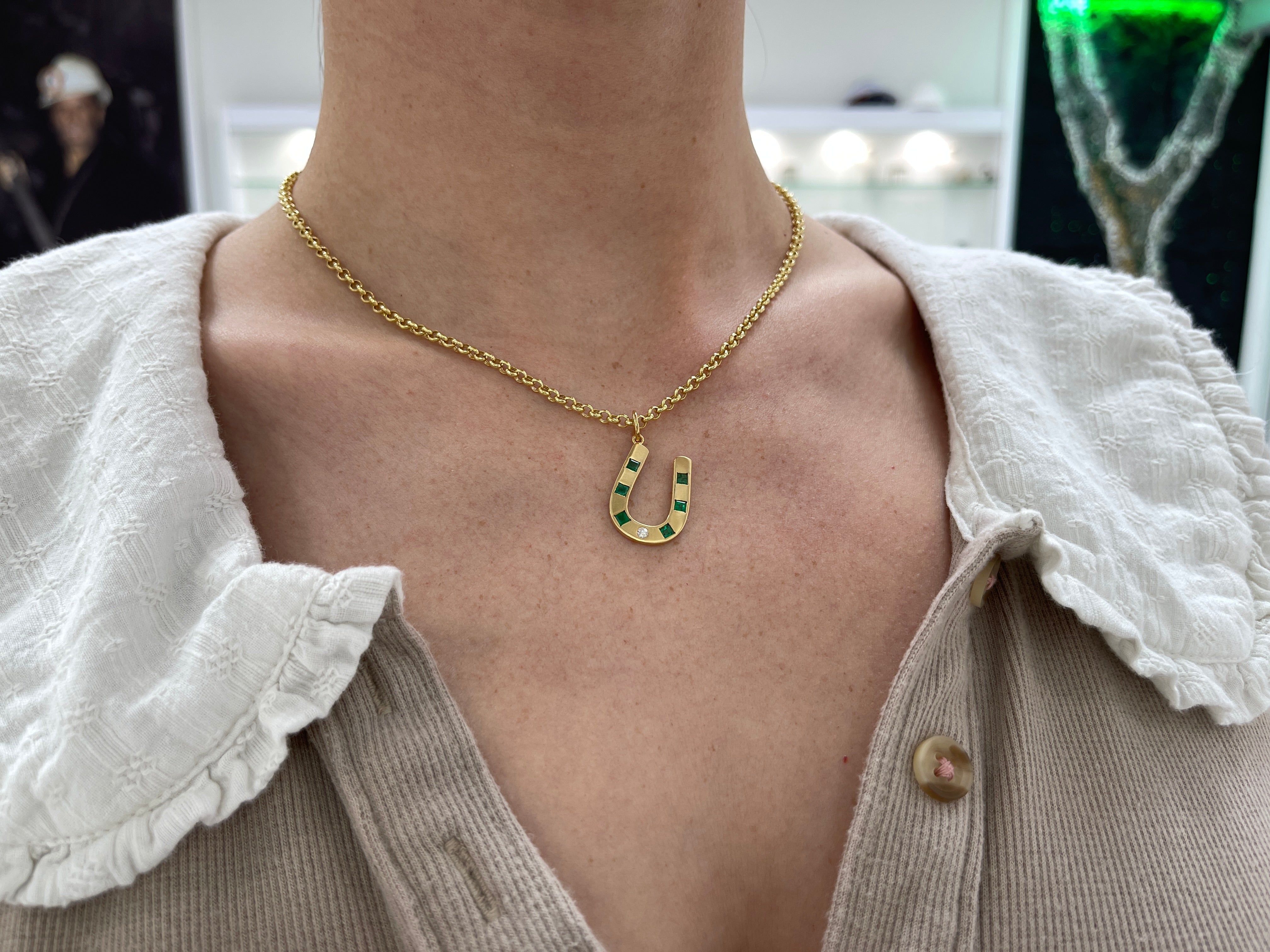 0.66tcw 14K Gold Brushed Emerald & Diamond Horseshoe Pendant Necklace - Elegant Jewelry Gift for Women, Perfect for Birthdays, Anniversaries & Special Occasions