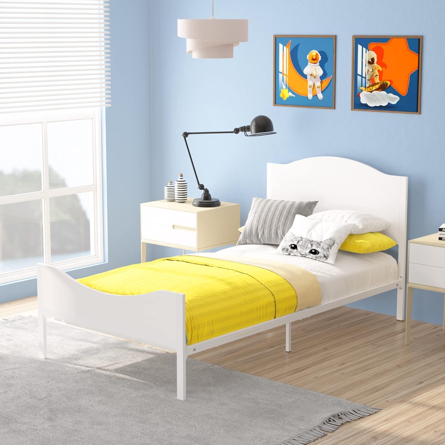 Timy Kids Twin Bed Frame with Wooden Headboard & Footboard - Sturdy Metal Platform Bed for Boys, Girls, Teens & Adults - Modern White Kids Furniture (No Box Spring Needed) - Perfect for Bedrooms, Guest Rooms & Dormitories
