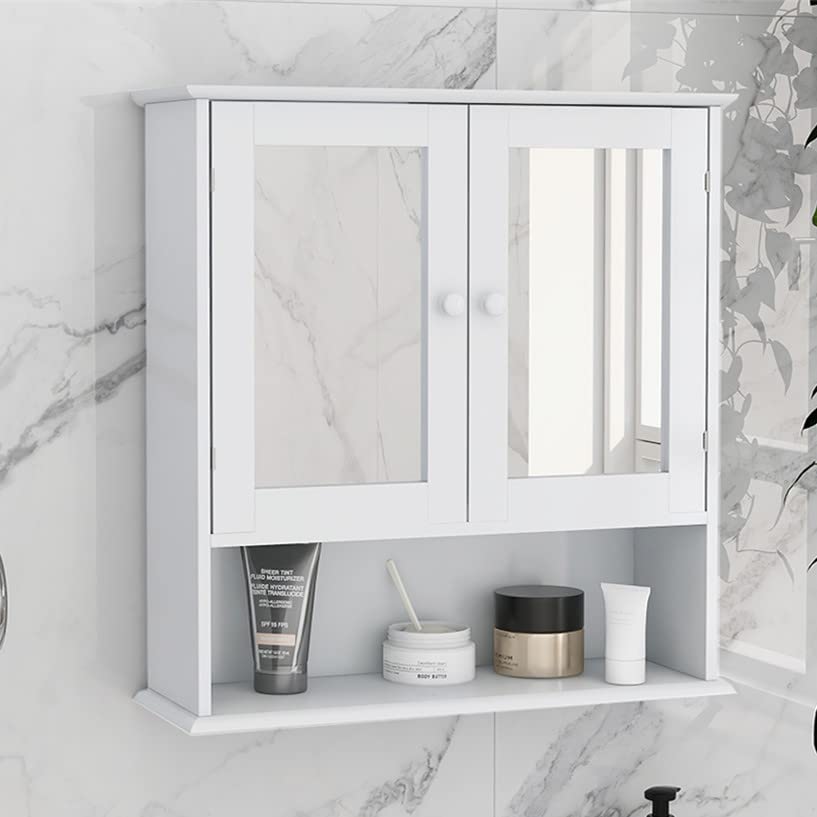 White Wall Mounted Bathroom Cabinet with Mirror Doors - Adjustable Shelf Medicine Storage Cabinet, Over Toilet Hanging Organizer - Perfect for Small Bathrooms, Apartments & Vanity Storage